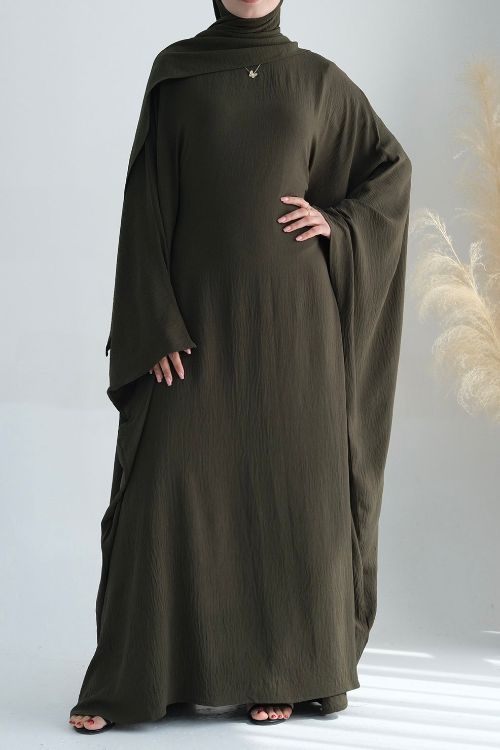 Badia Waist-Cinching Batwing Butterfly Sleeve Maxi Dress Kaftan Abaya 695 - Army Green