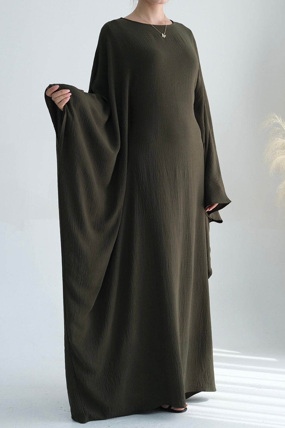 Badia Waist-Cinching Batwing Butterfly Sleeve Maxi Dress Kaftan Abaya 695 - Army Green