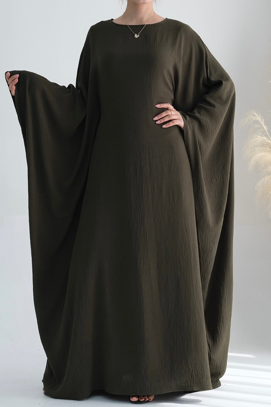 Badia Waist-Cinching Batwing Butterfly Sleeve Maxi Dress Kaftan Abaya 695 - Army Green