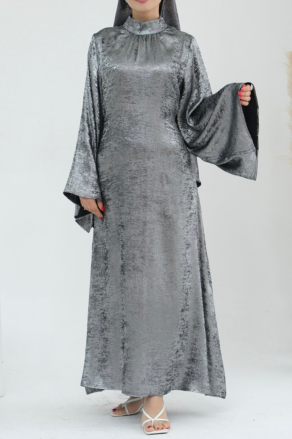 Rola Shiny High Collar Maxi Dress Abaya 777-Dark grey