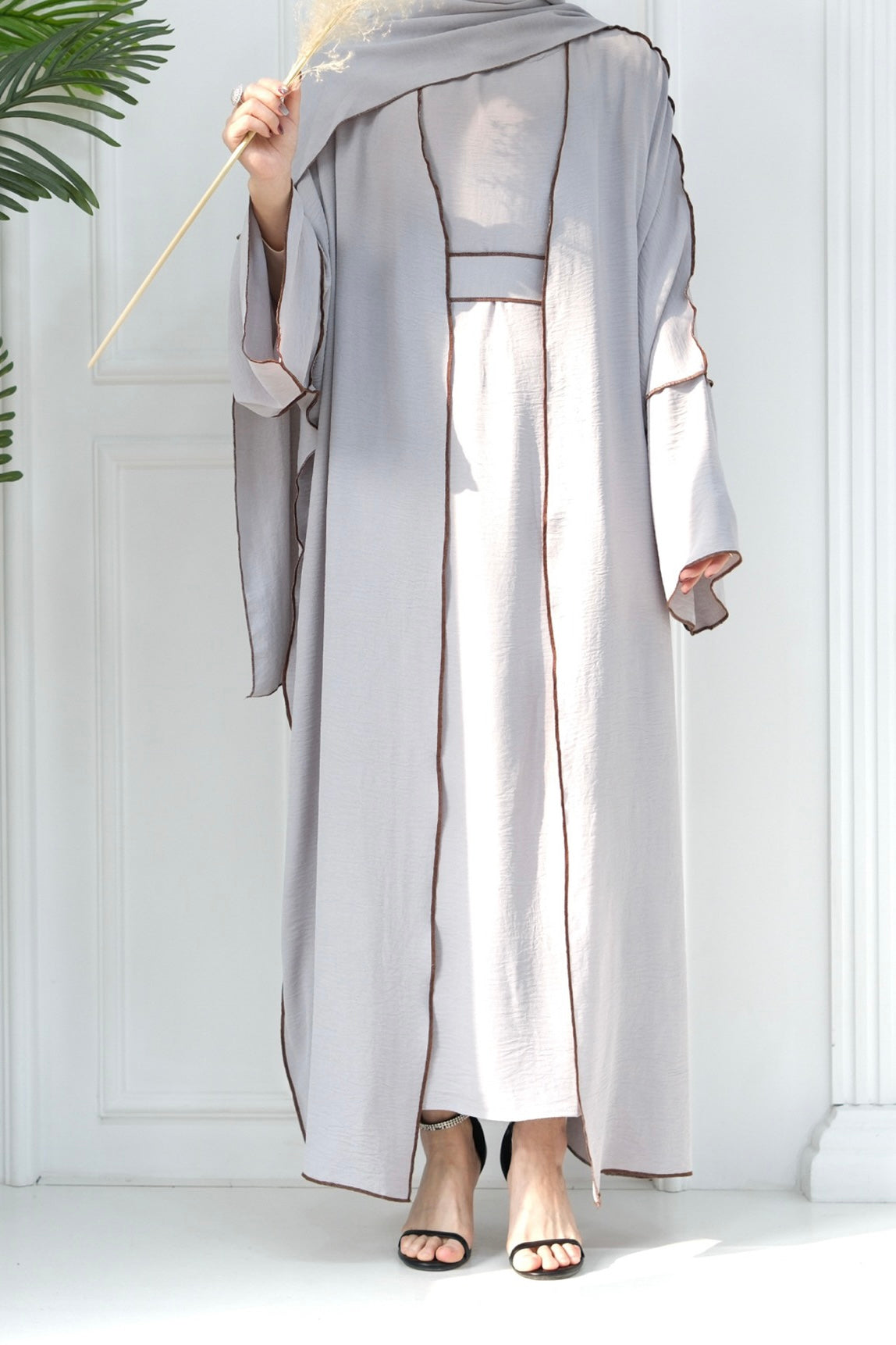 Noora Two Pieces Maxi Abaya Set with Brown Contrast Piping 693 -Gray