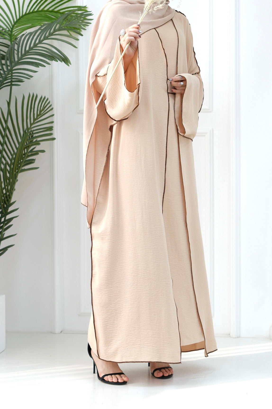 Noora Two Pieces Maxi Abaya Set with Brown Contrast Piping 693 -Beige