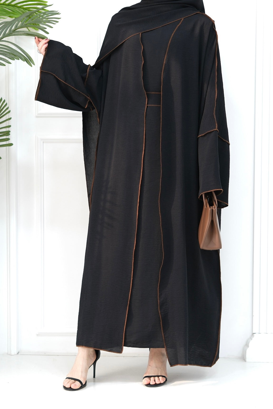 Noora Two Pieces Maxi Abaya Set with Brown Contrast Piping 693 -Black