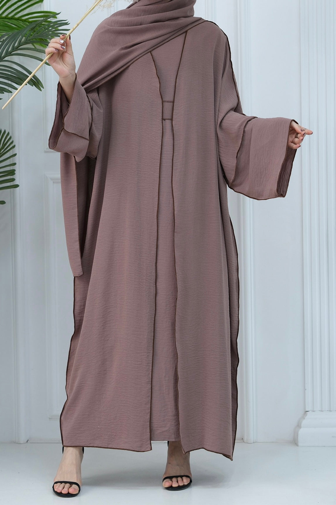 Noora Two Pieces Maxi Abaya Set with Brown Contrast Piping 693 -Coffee