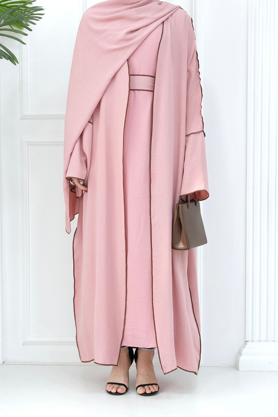 Noora Two Pieces Maxi Abaya Set with Brown Contrast Piping 693 -Pink