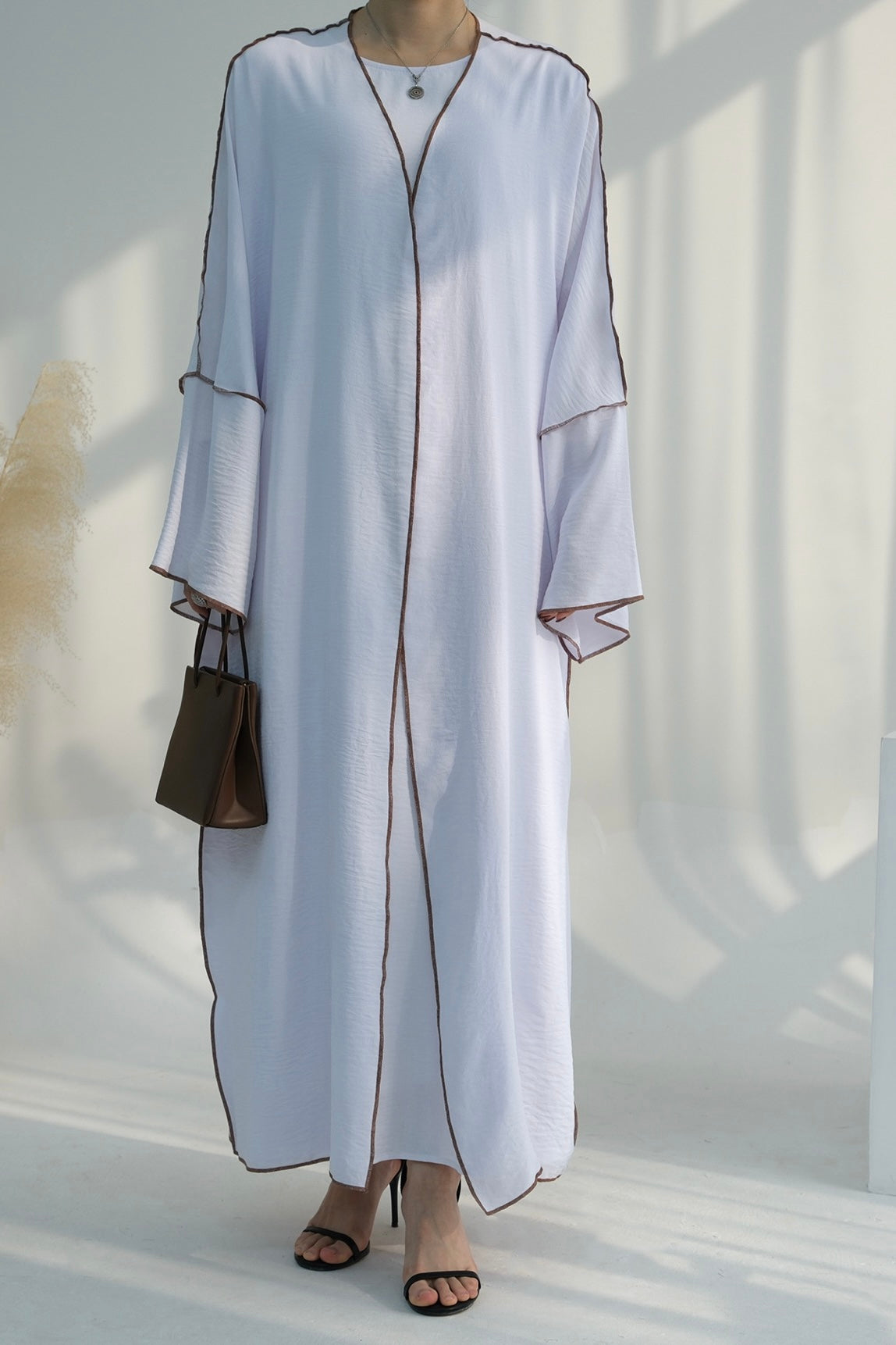 Noora Two Pieces Maxi Abaya Set with Brown Contrast Piping 693 -White