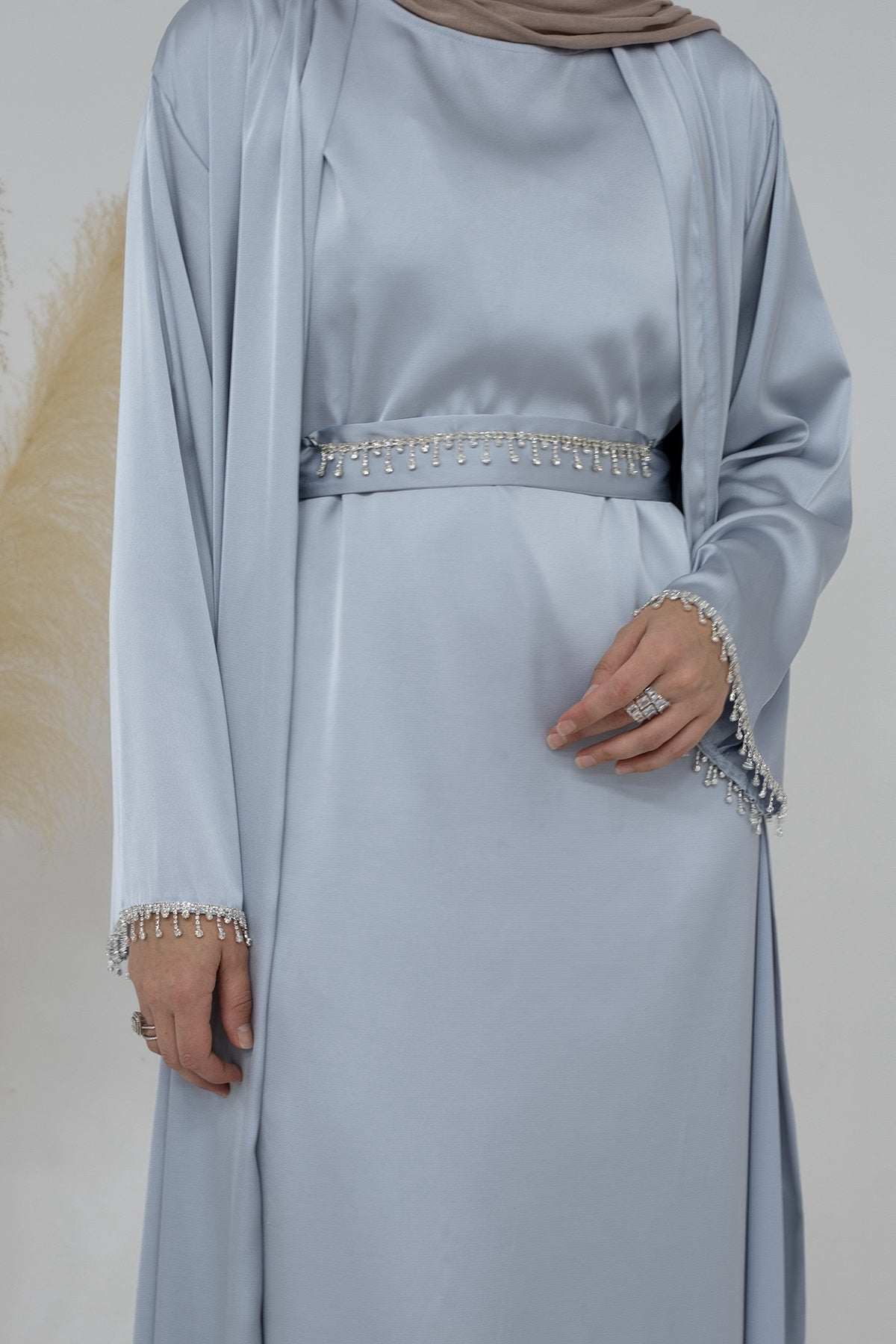 Luna 2PCS Crystal Beads Sleeves Satin Abaya Set with Crystal Chain - Light Gray - Meliza