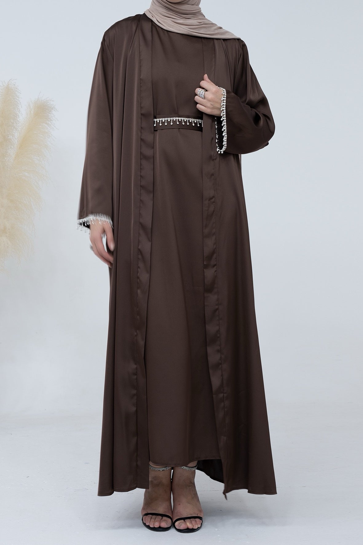 Luna 2PCS Crystal Beads Sleeves Satin Abaya Set with Crystal Chain - Coffee - Meliza