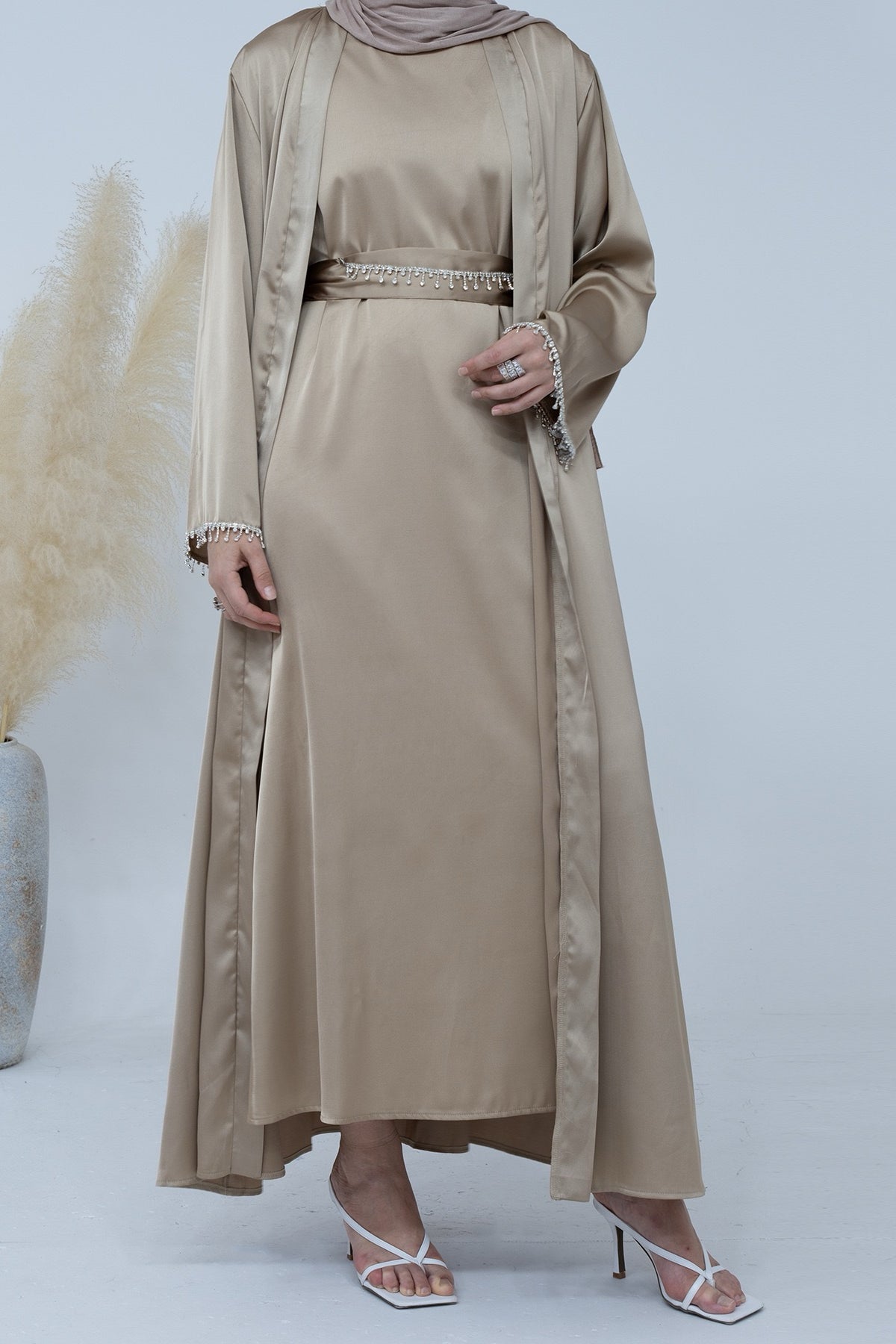 Luna 2PCS Crystal Beads Sleeves Satin Abaya Set with Crystal Chain - Khaki - Meliza