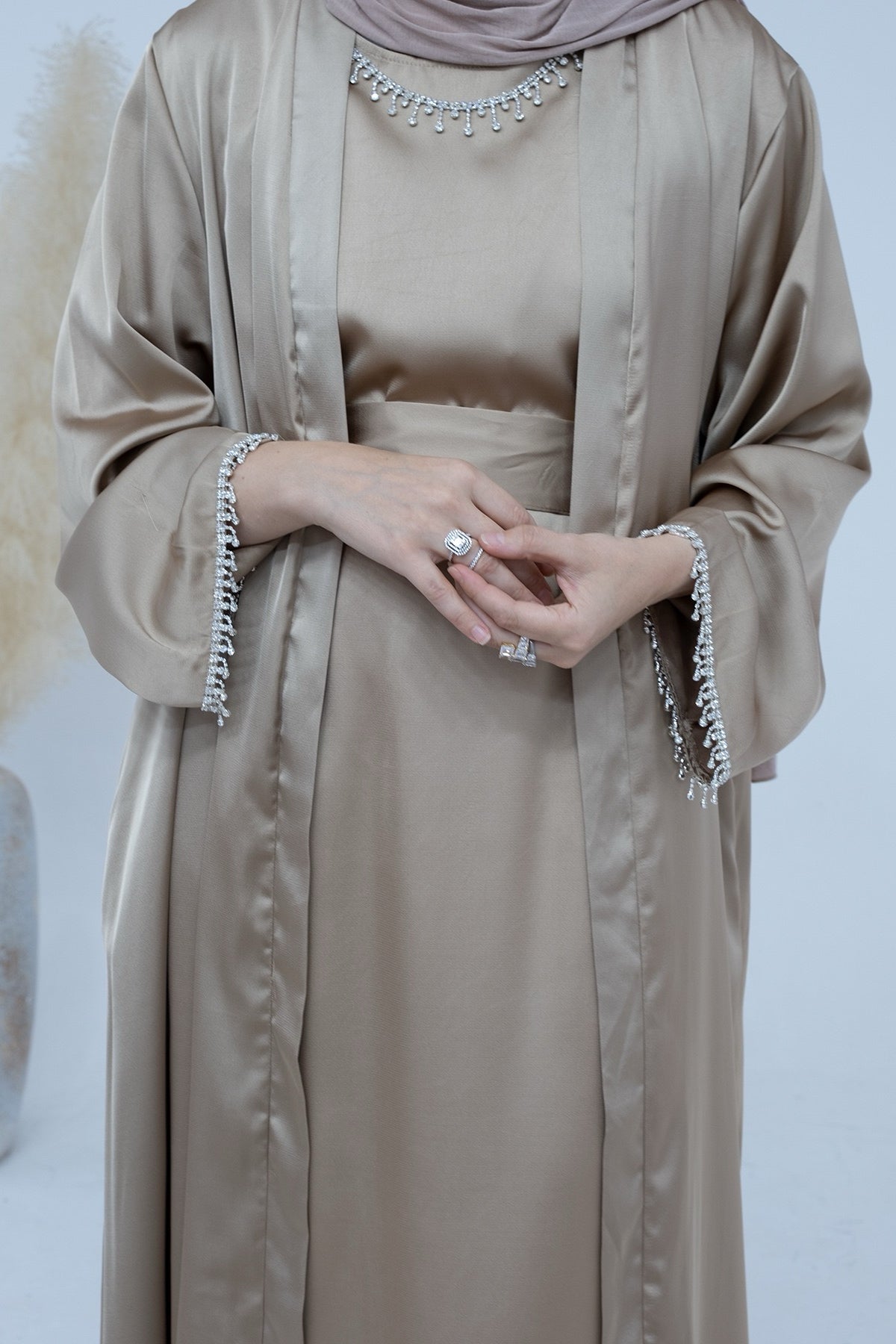 Luna 2PCS Crystal Beads Sleeves Satin Abaya Set with Crystal Chain - Khaki - Meliza