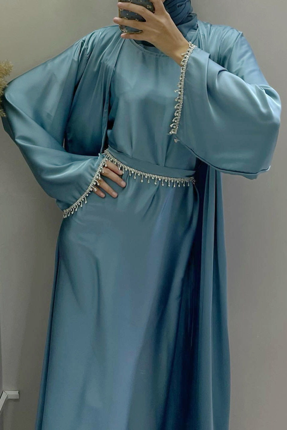 Luna 2PCS Crystal Beads Sleeves Satin Abaya Set with Crystal Chain - Blue - Meliza