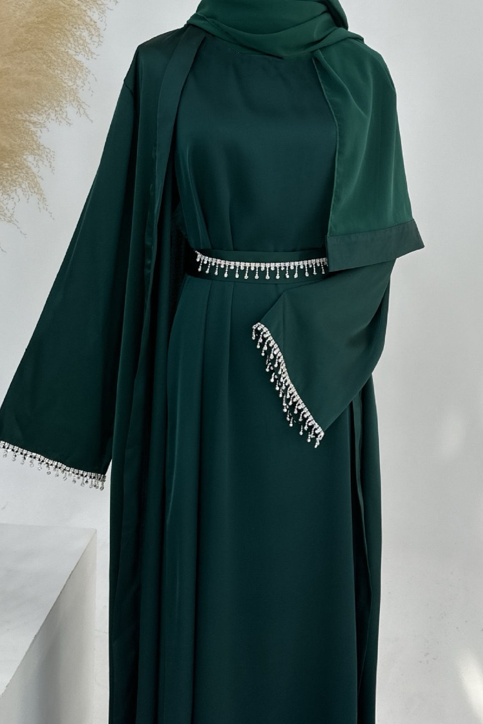 Luna 2PCS Crystal Beads Sleeves Satin Abaya Set with Crystal Chain - Dark Green - Meliza