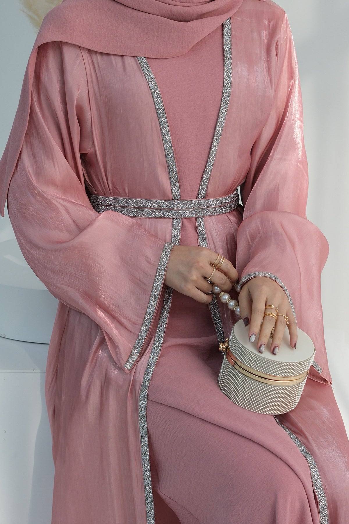 Ahmed Satin Open Abaya with Shiny Belt 699 - Pink - Meliza