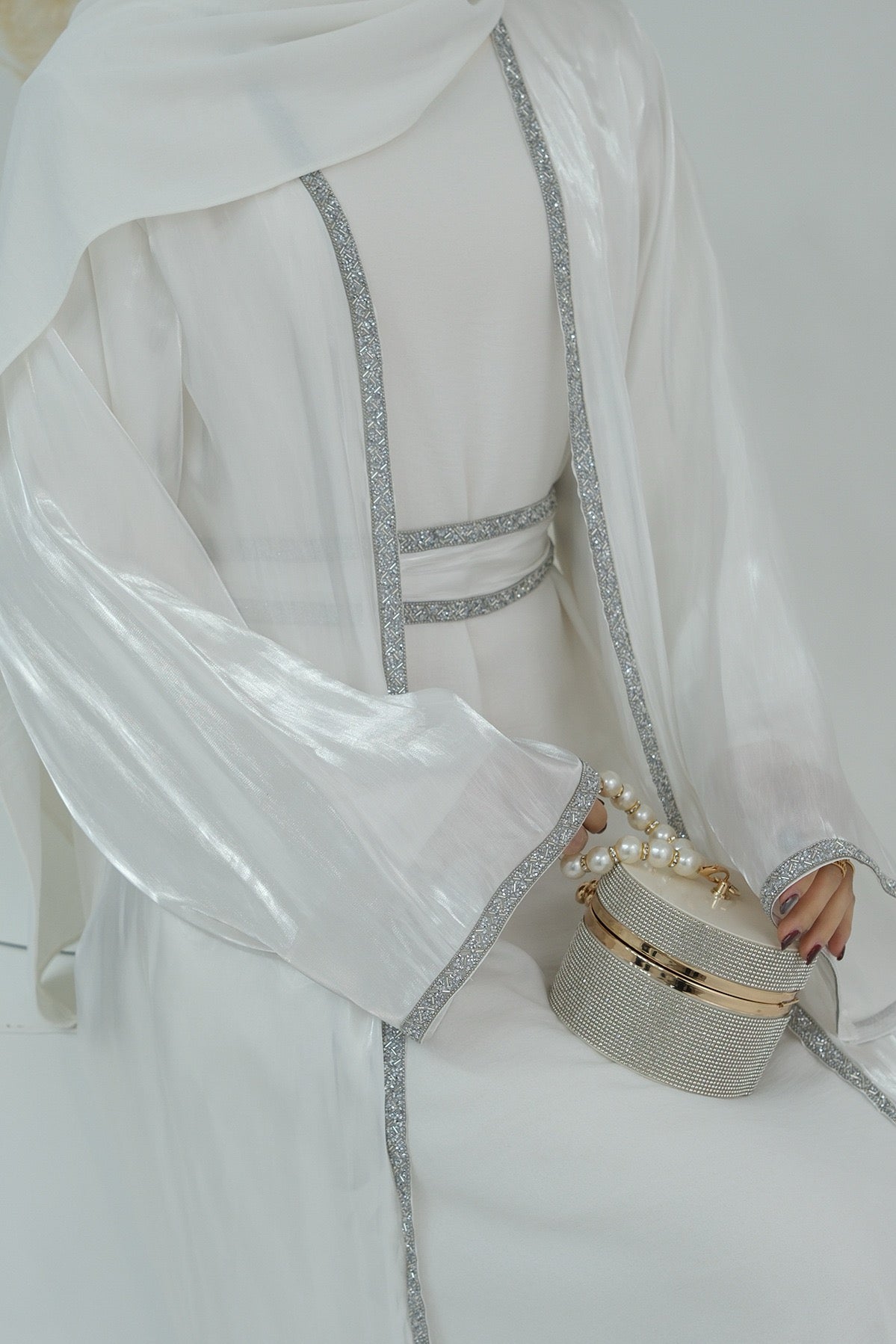 Ahmed Satin Open Abaya with Shiny Belt 699 - White - Meliza