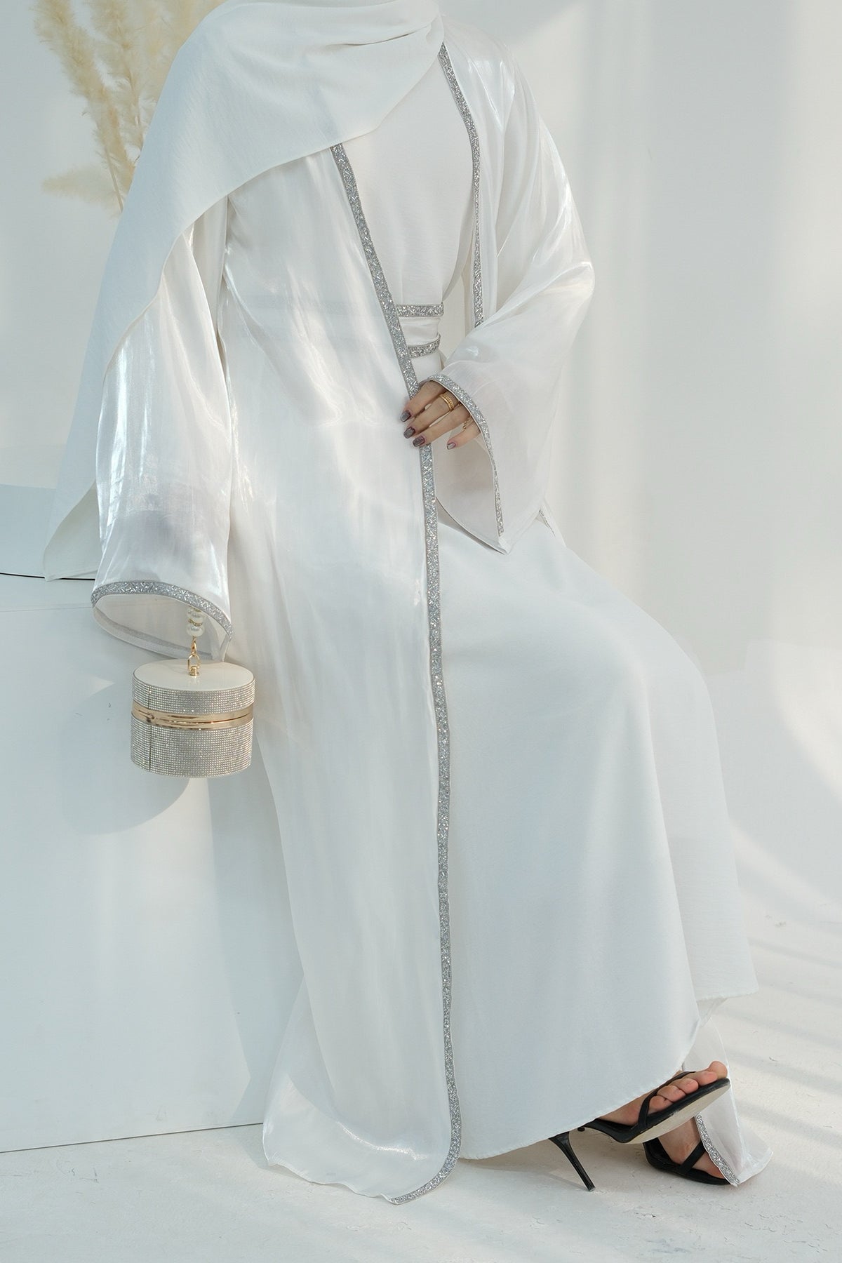 Ahmed Satin Open Abaya with Shiny Belt 699 - White - Meliza