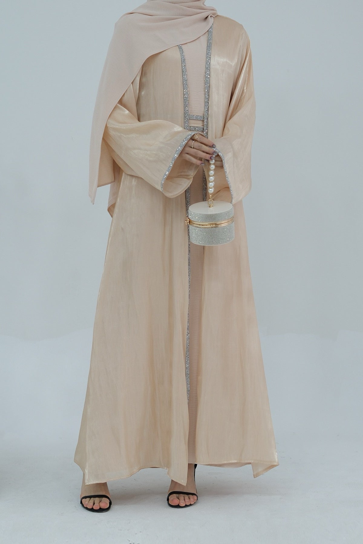 Ahmed Satin Open Abaya with Shiny Belt 699 - Beige - Meliza