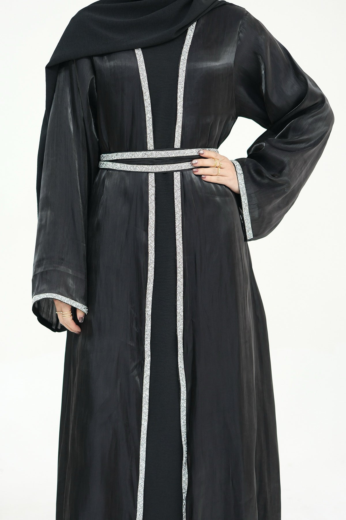 Ahmed Satin Open Abaya with Shiny Belt 699 - Black - Meliza