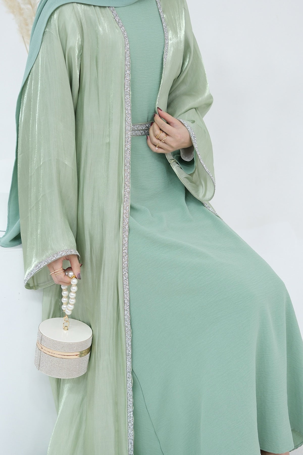 Ahmed Satin Open Abaya with Shiny Belt 699 - Mint Green - Meliza