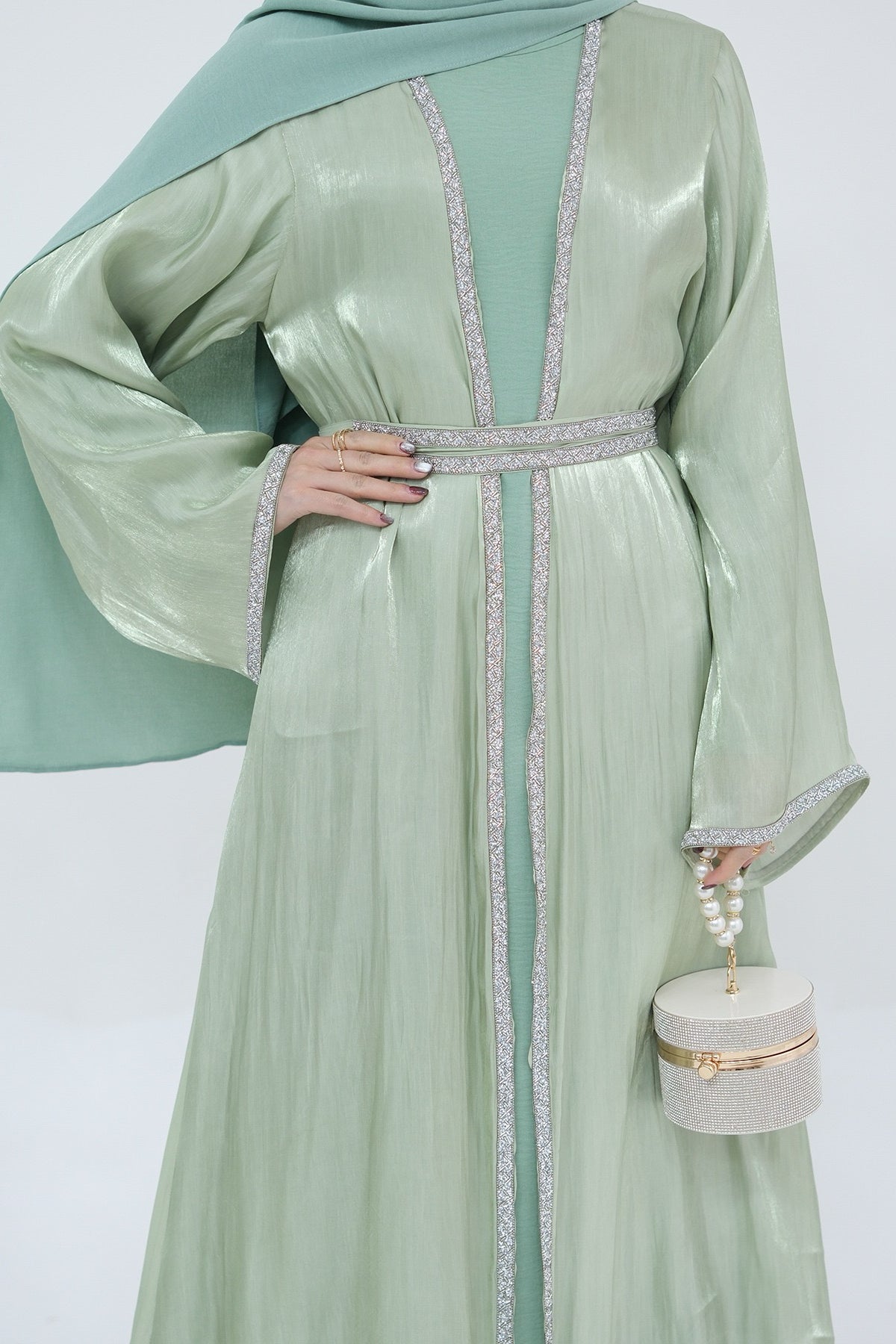 Ahmed Satin Open Abaya with Shiny Belt 699 - Mint Green - Meliza