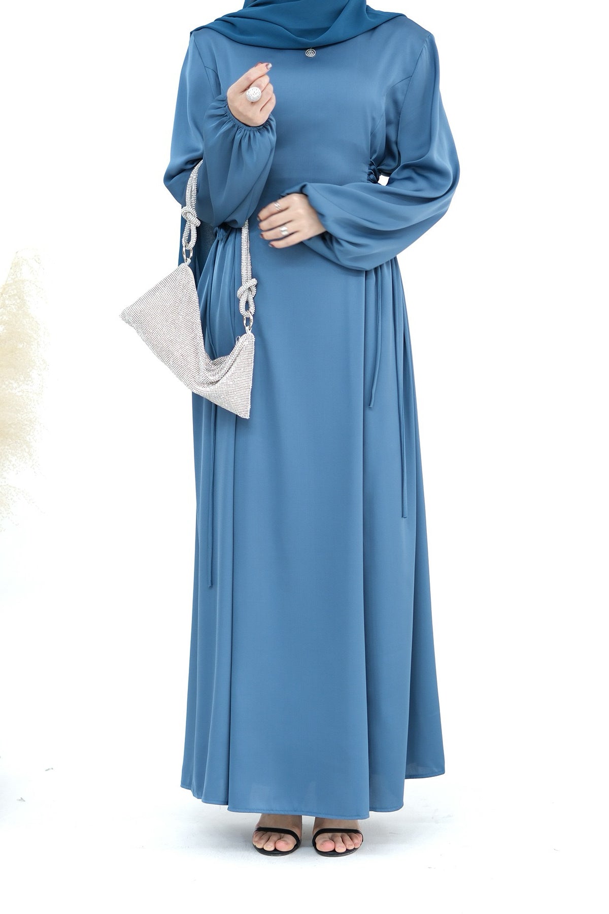 Nasir Satin Bubble Sleeve Abaya with Cinched Waist 702 - Blue - Meliza