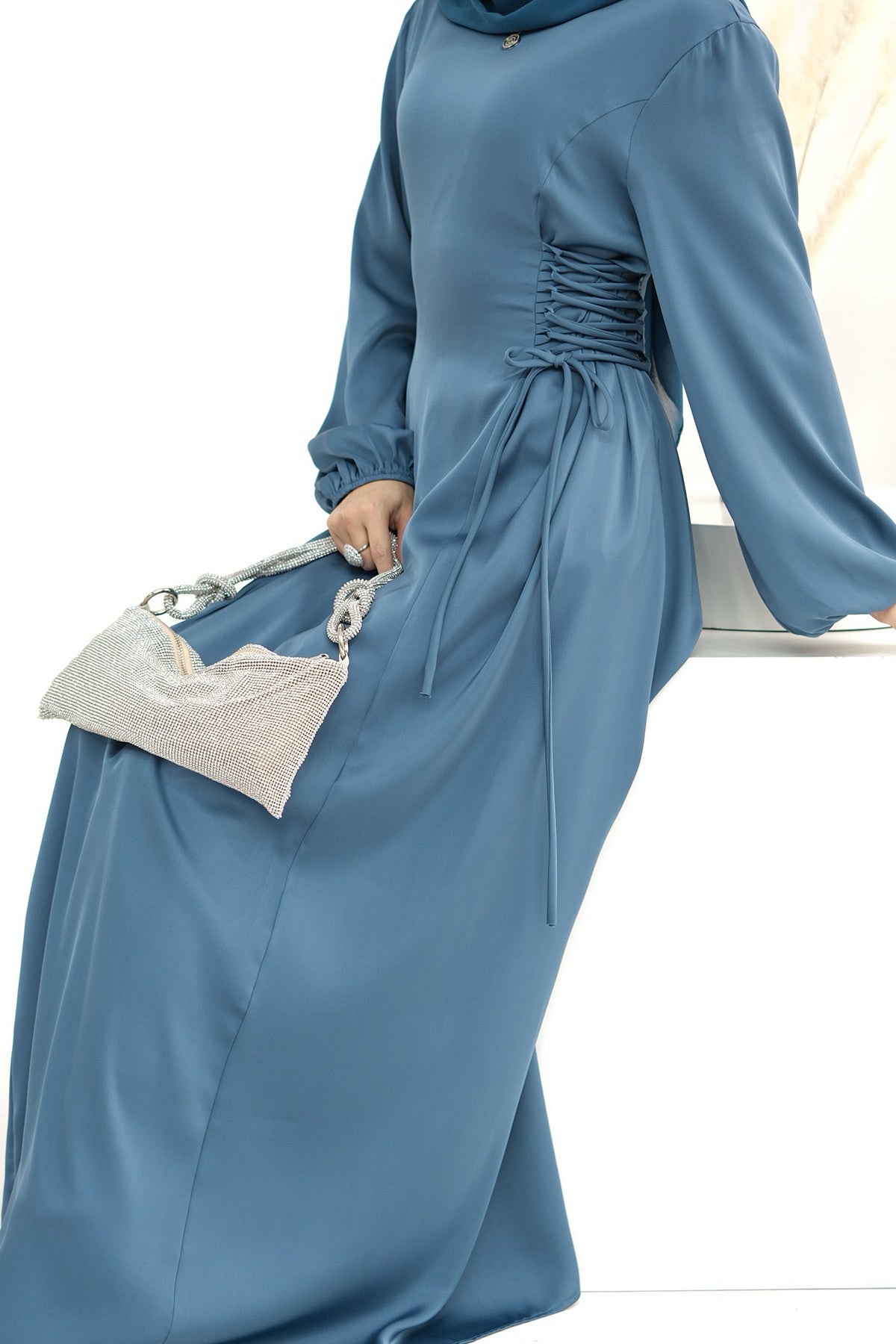 Nasir Satin Bubble Sleeve Abaya with Cinched Waist 702 - Blue - Meliza