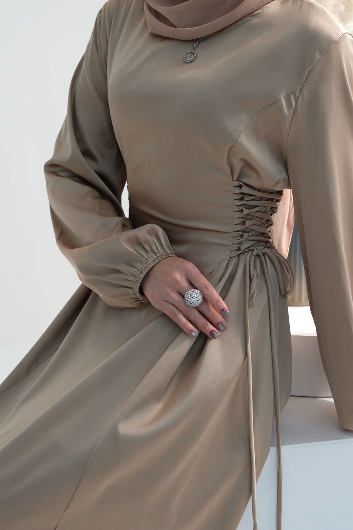 Nasir Satin Bubble Sleeve Abaya with Cinched Waist 702 - Khaki - Meliza