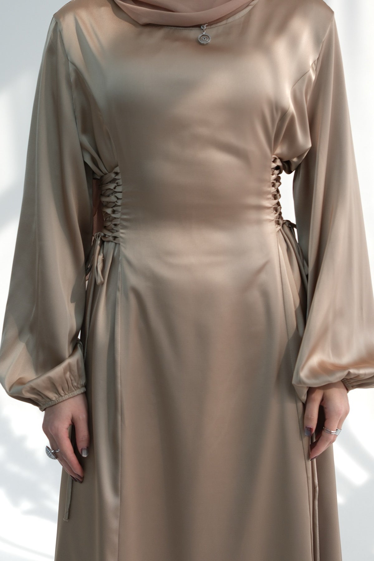 Nasir Satin Bubble Sleeve Abaya with Cinched Waist 702 - Khaki - Meliza