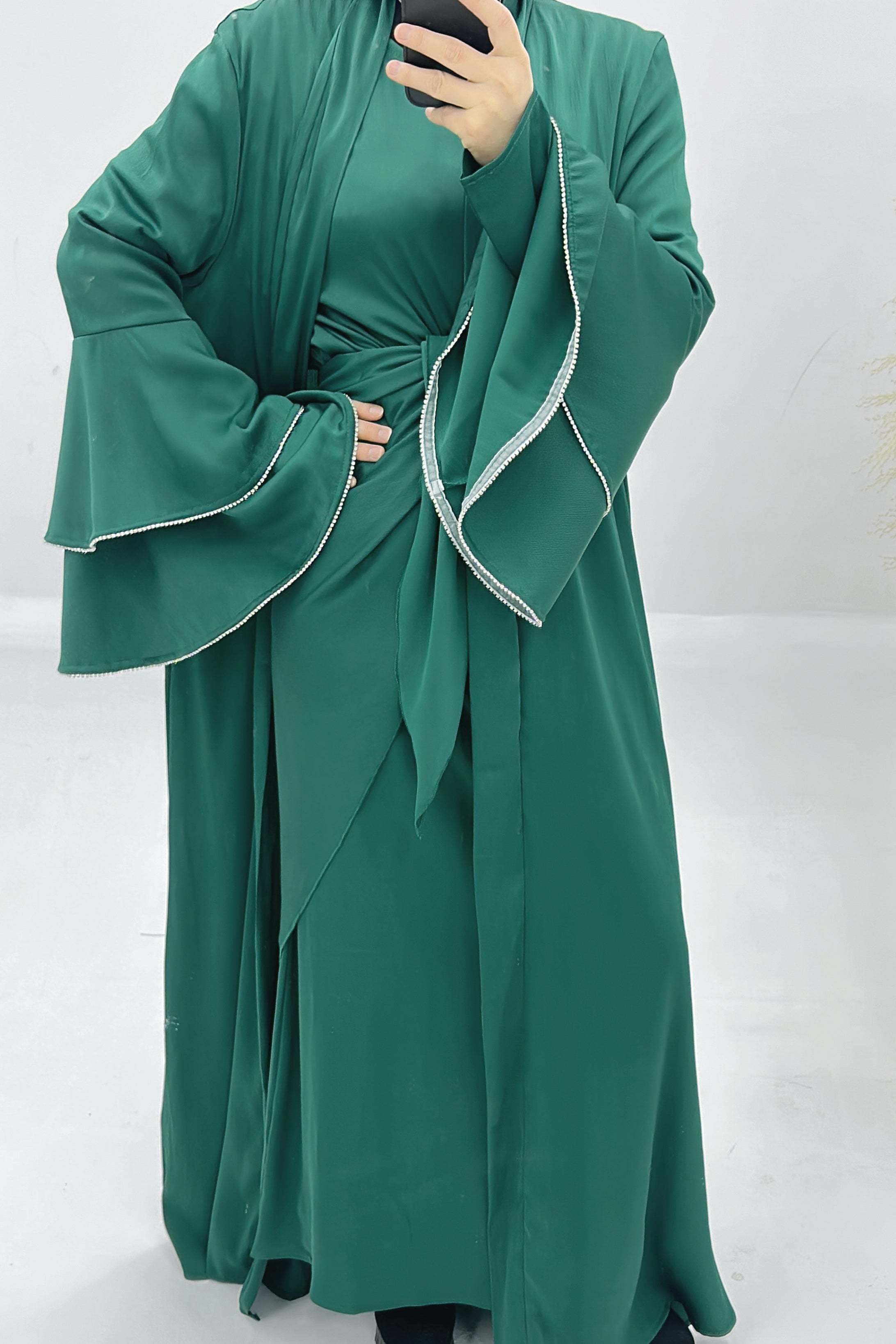 Rama Polyester Flare Sleeve Abaya Set 760 - Dark Green