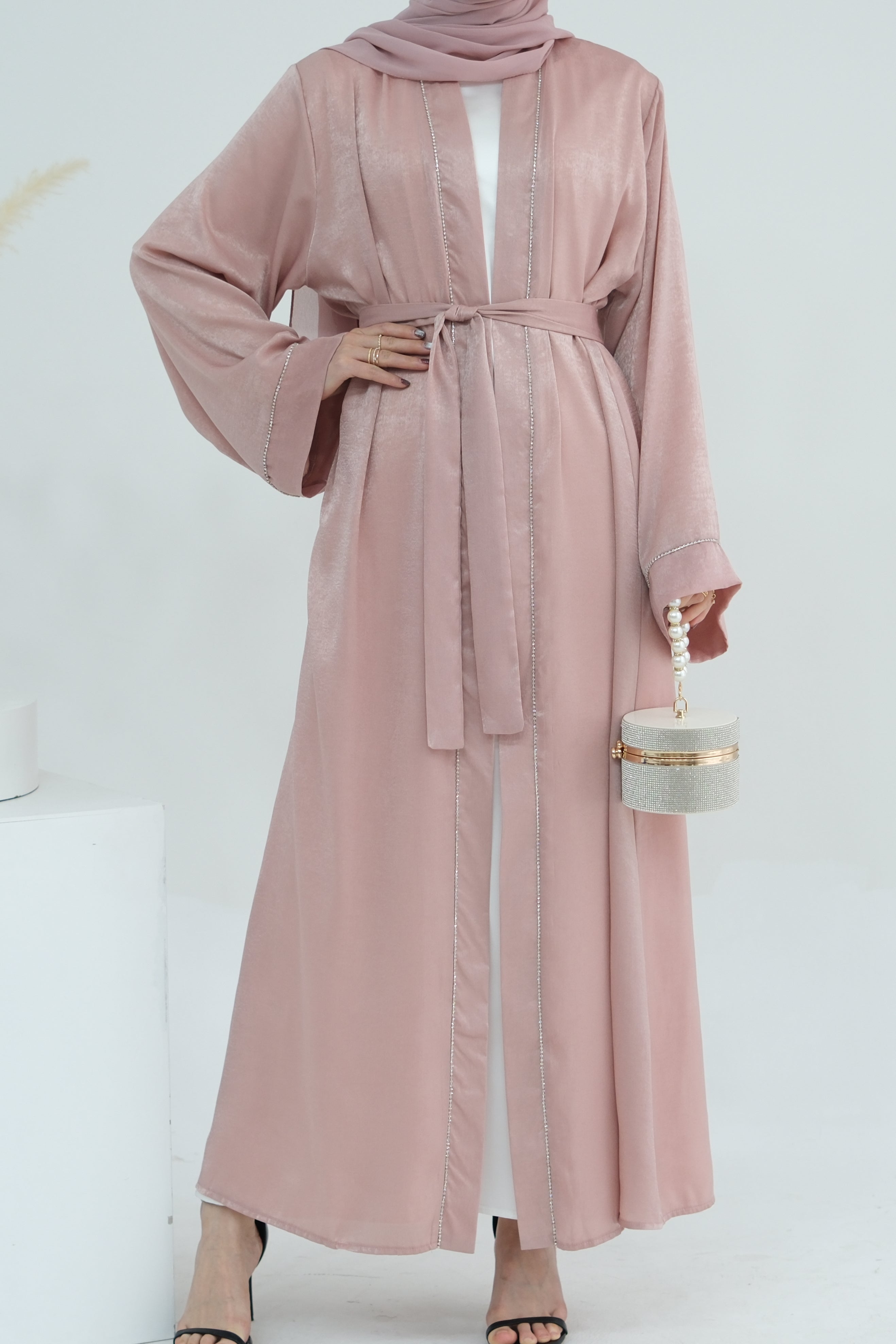 Rania Polyester Fiber Trimmed Open Abaya 707 - Pink - Meliza