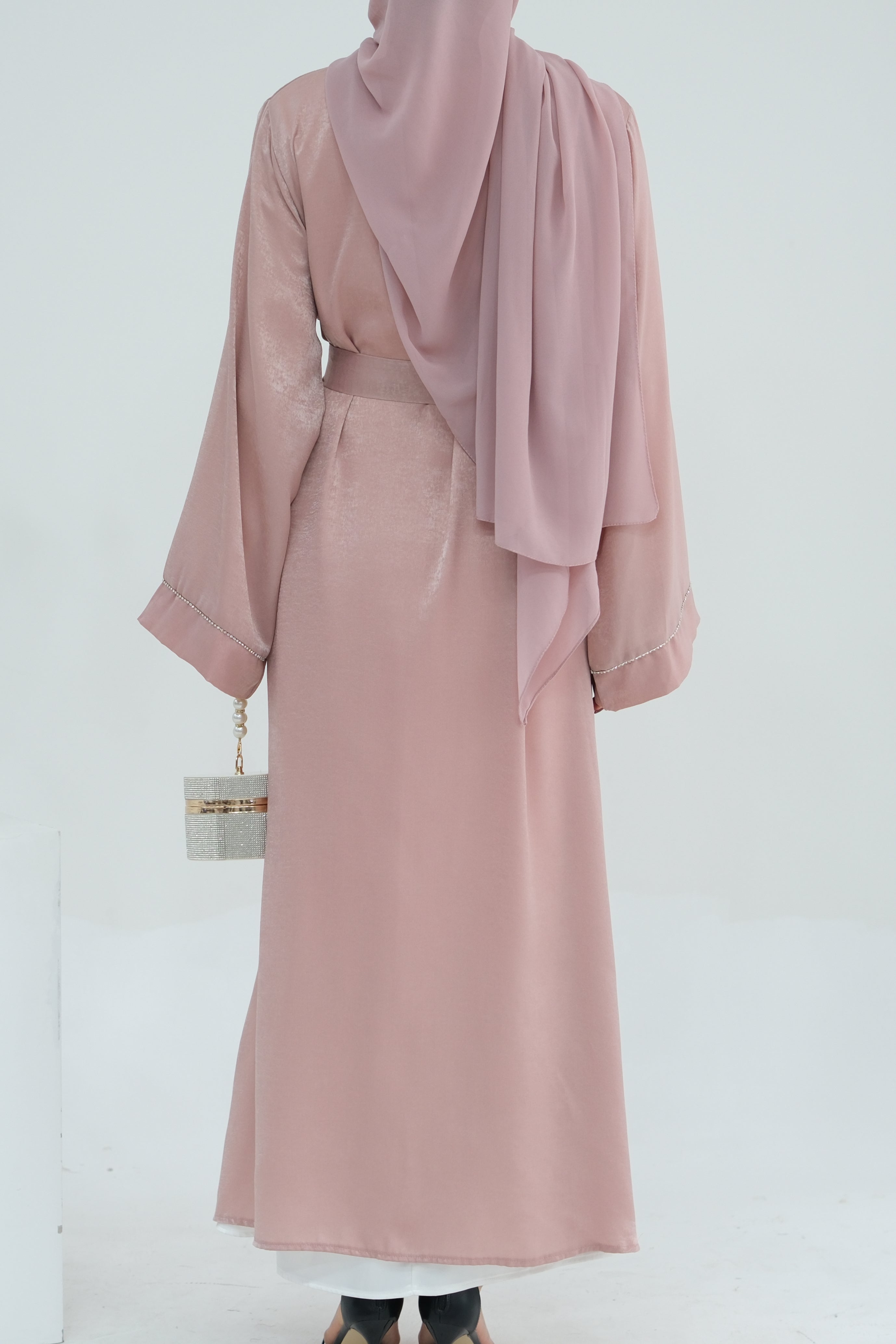 Rania Polyester Fiber Trimmed Open Abaya 707 - Pink - Meliza