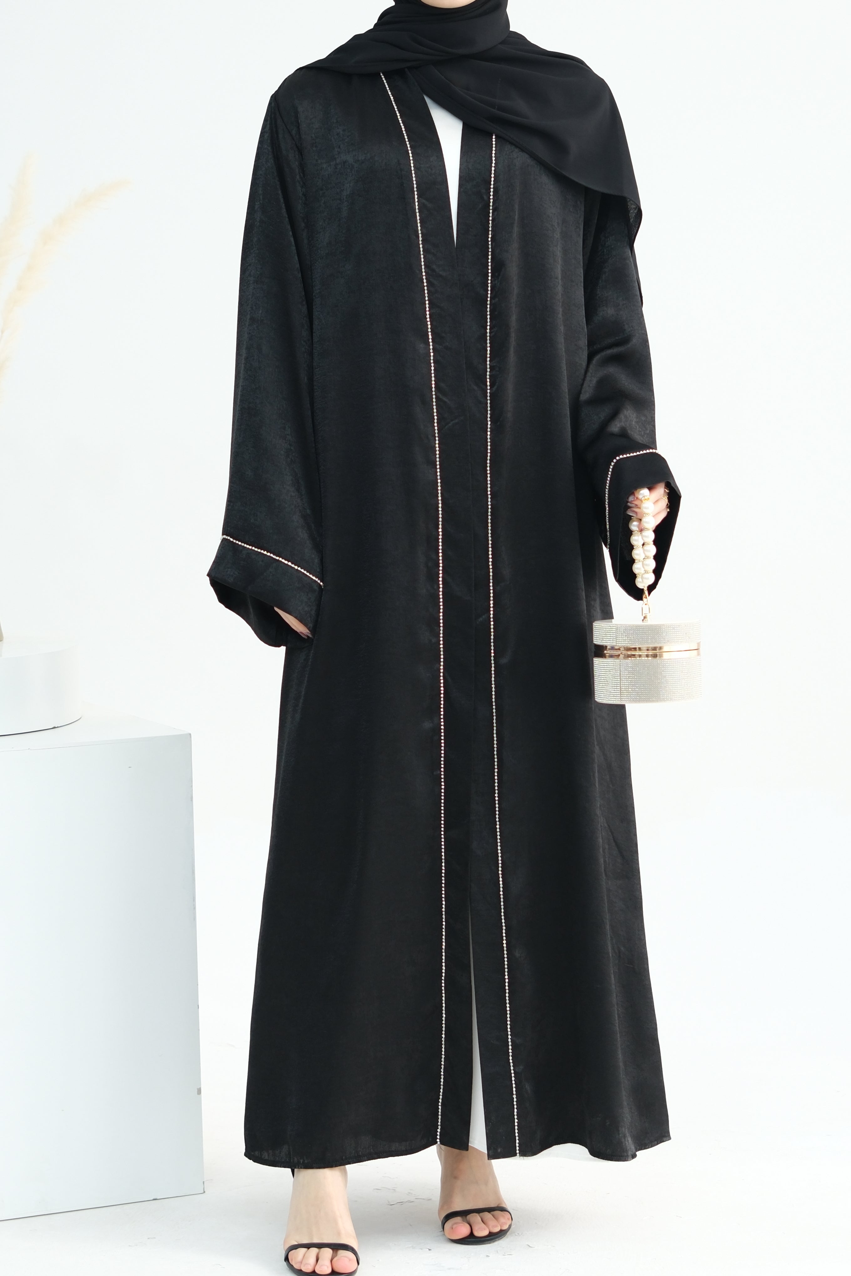 Rania Polyester Fiber Trimmed Open Abaya 707 - Black - Meliza