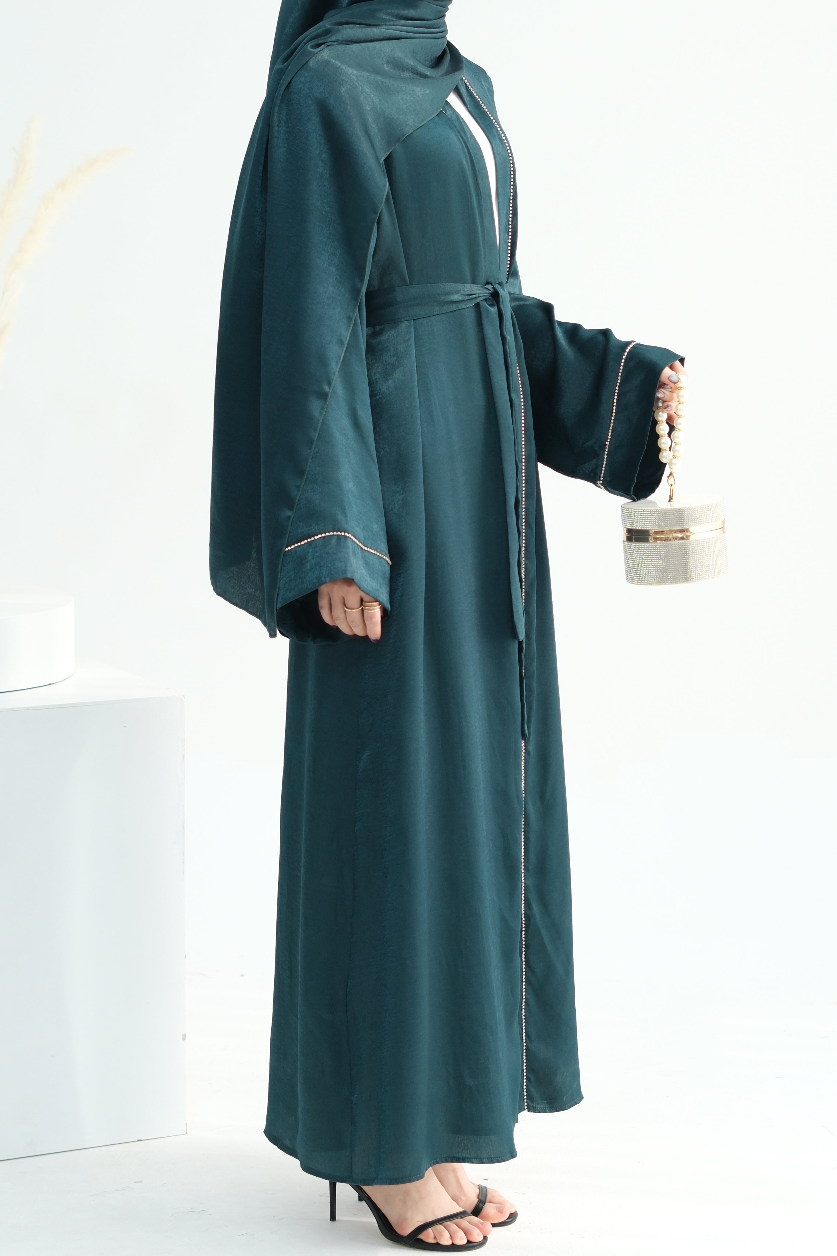 Rania Polyester Fiber Trimmed Open Abaya with Belt 707  - Dark Green - Meliza