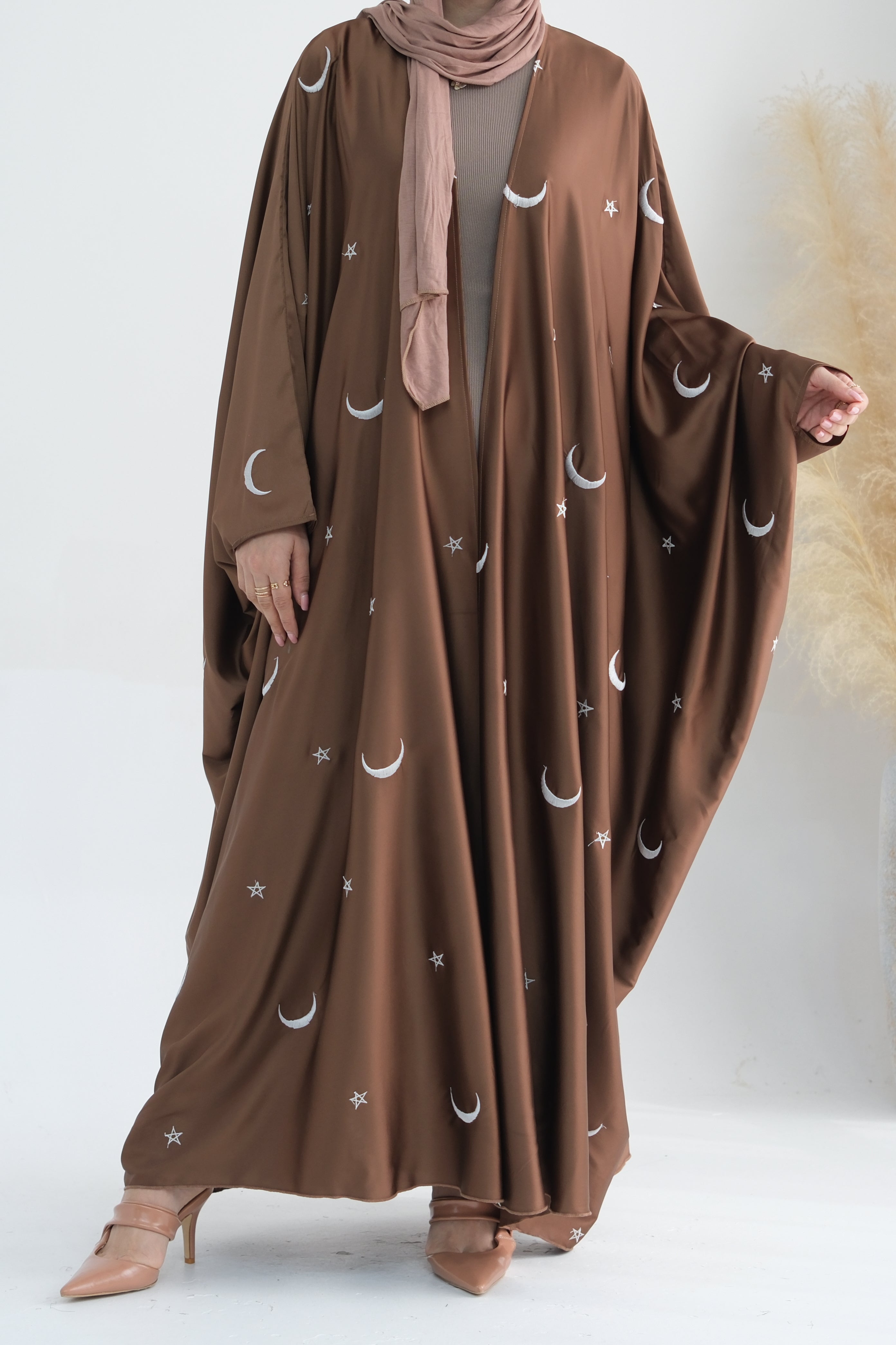 Lyra Moon Star Oversize Satin Open Abaya 727 - Brown - Meliza