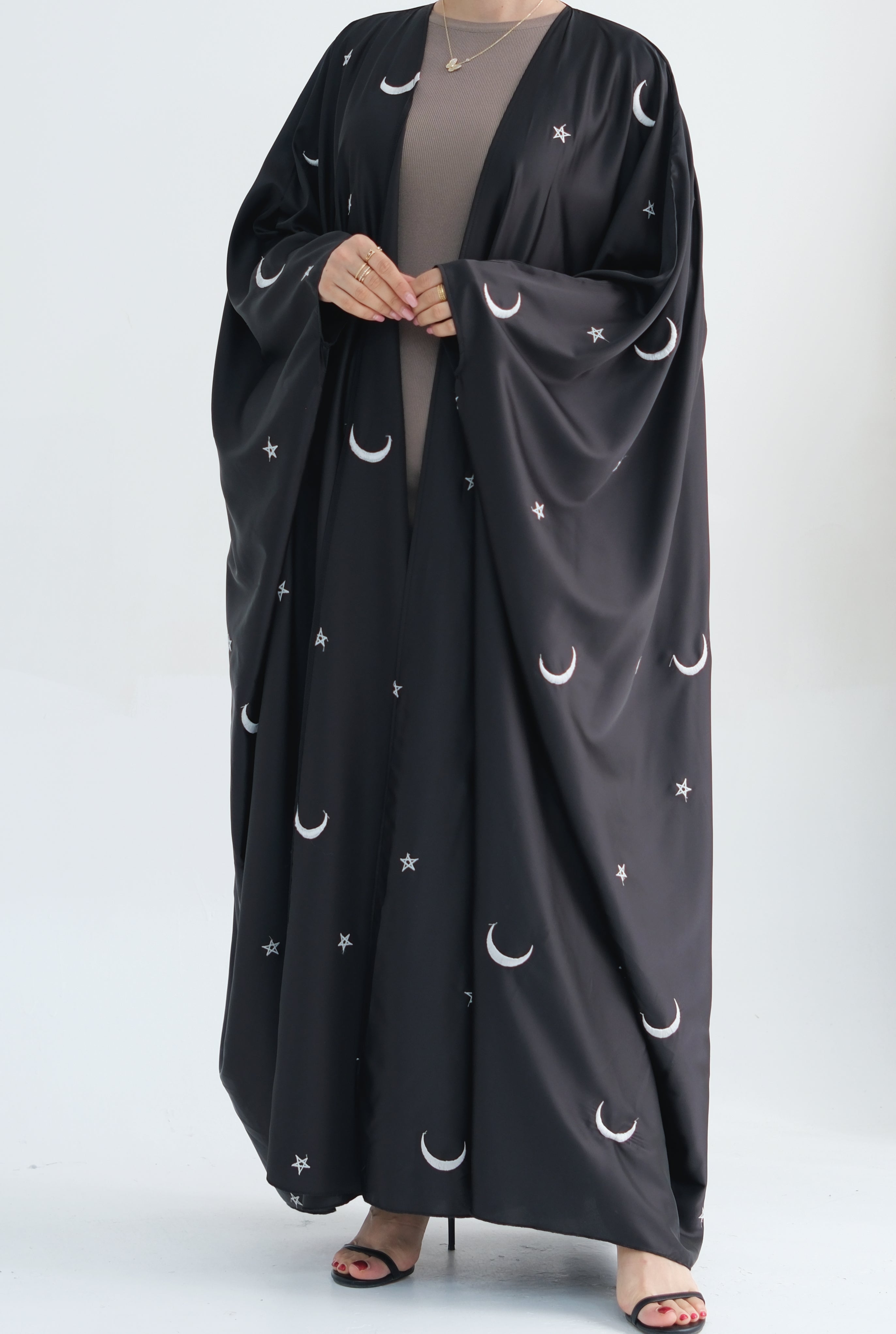 Lyra Moon Star Oversize Satin Open Abaya 727 - Black - Meliza