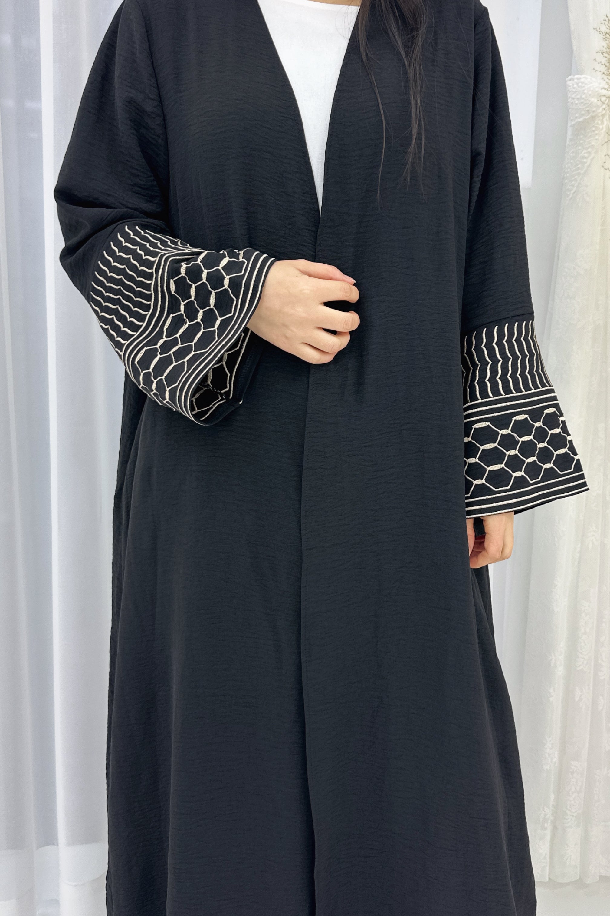 NEW Danya Keffiyeh Inspired Peace Dove Pattern Embroidery Modest Open Abaya 767 - Black