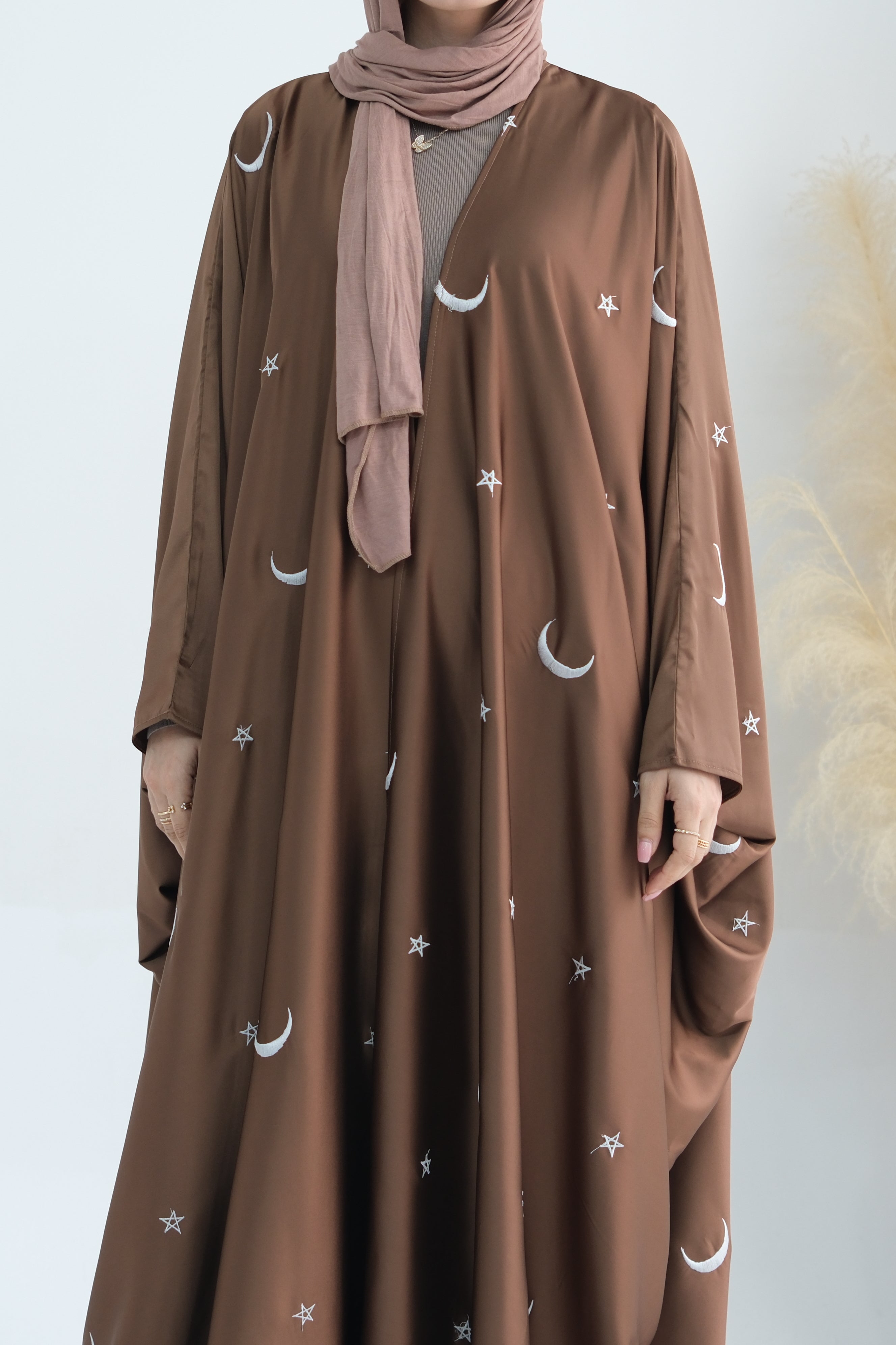 Lyra Moon Star Oversize Satin Open Abaya 727 - Brown - Meliza