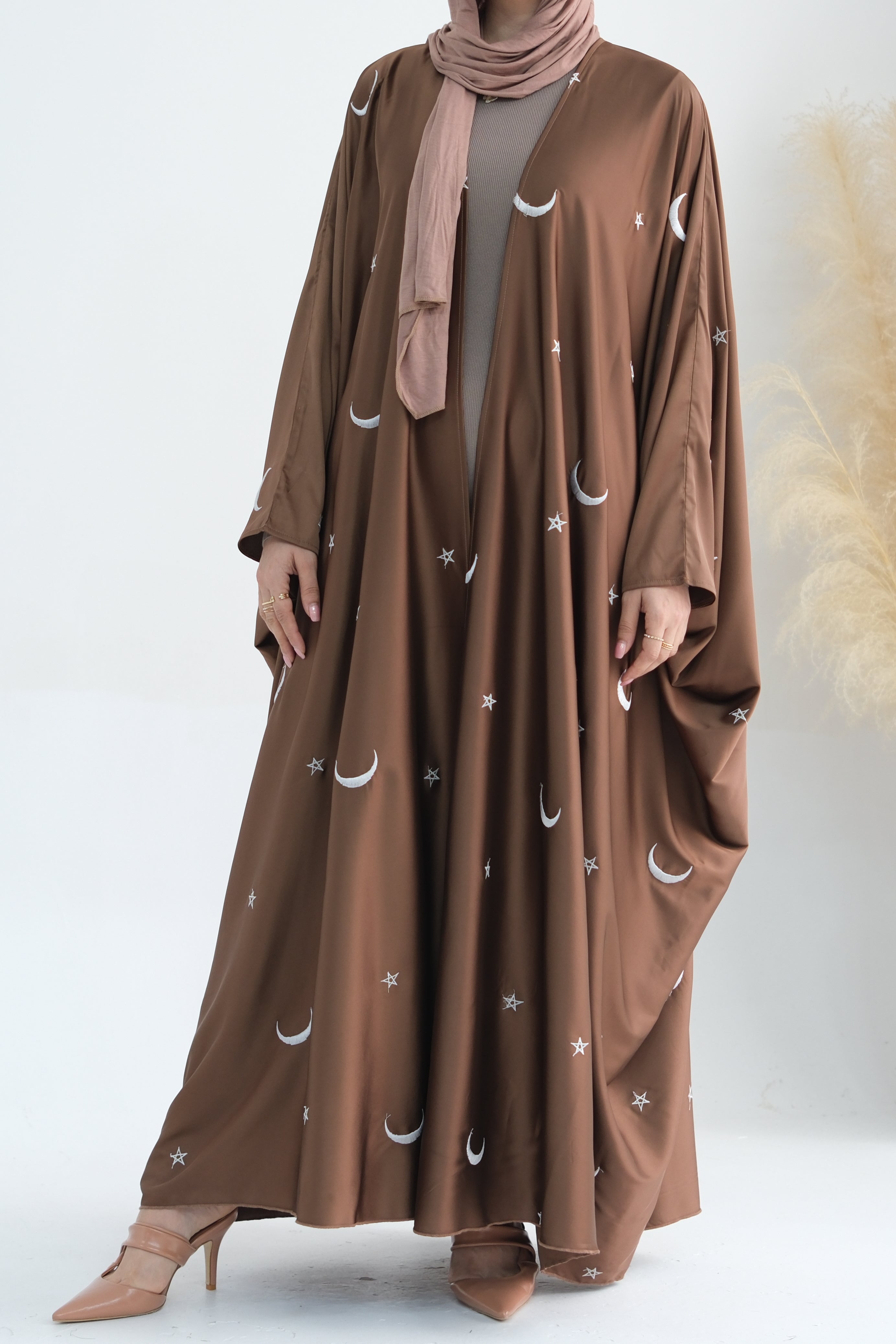 Lyra Moon Star Oversize Satin Open Abaya 727 - Brown - Meliza