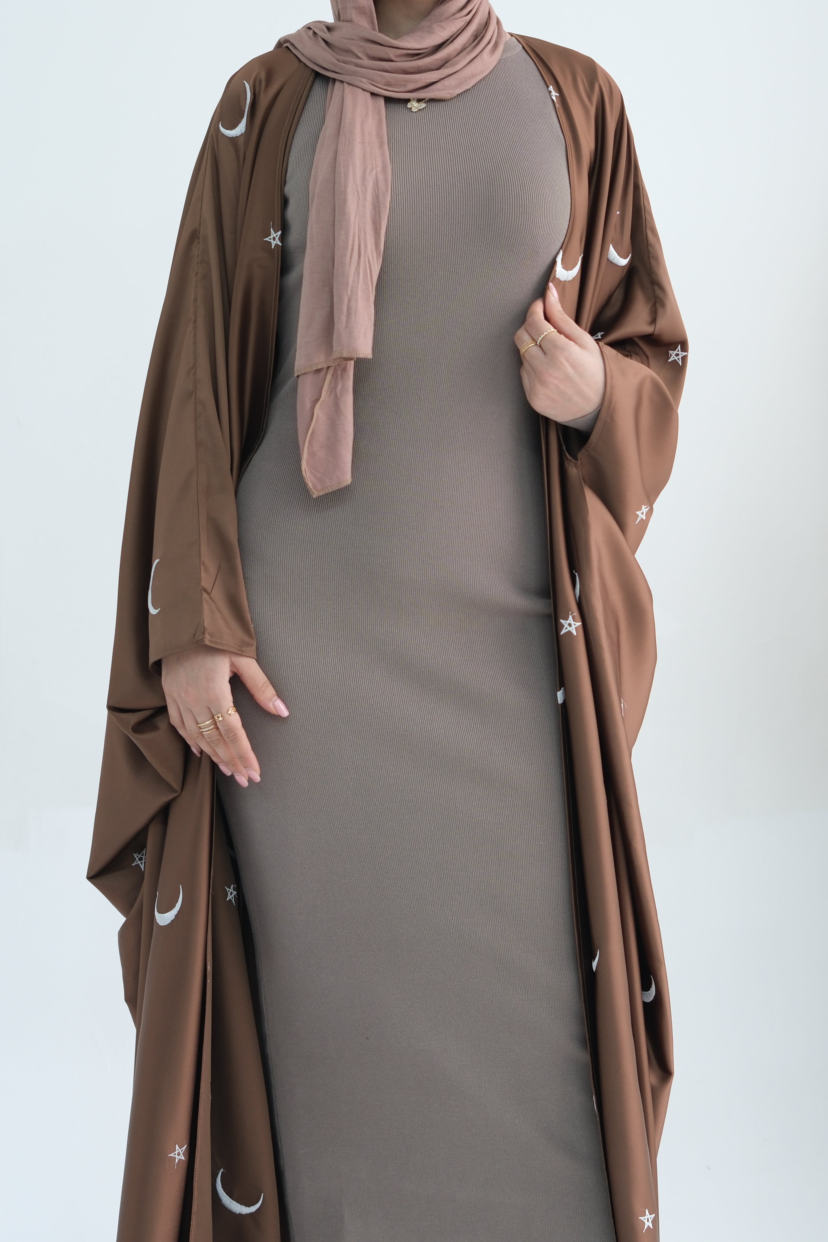 Lyra Moon Star Oversize Satin Open Abaya 727 - Brown - Meliza