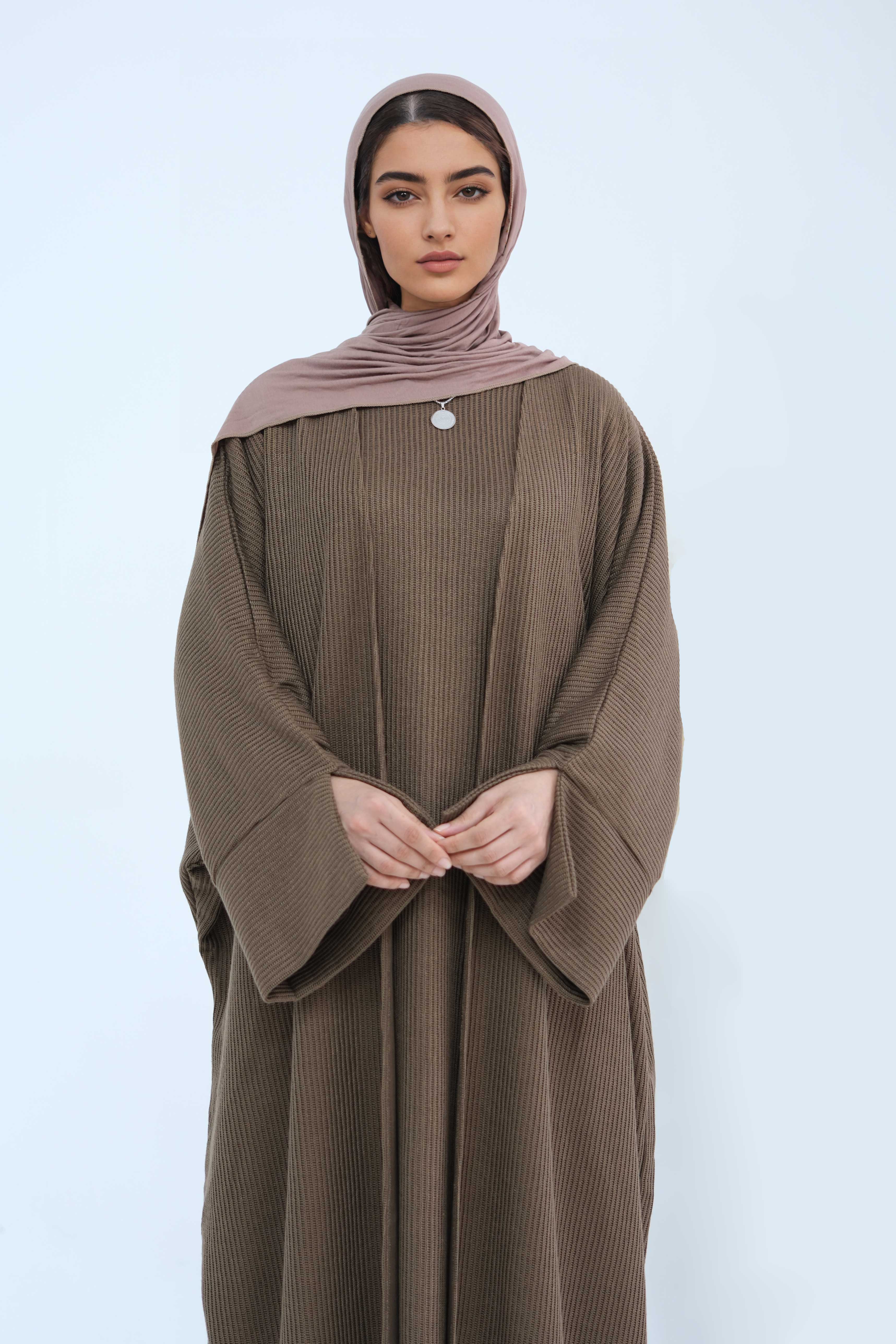 Ayesha Thick Knit Open Abaya 911-Coffee