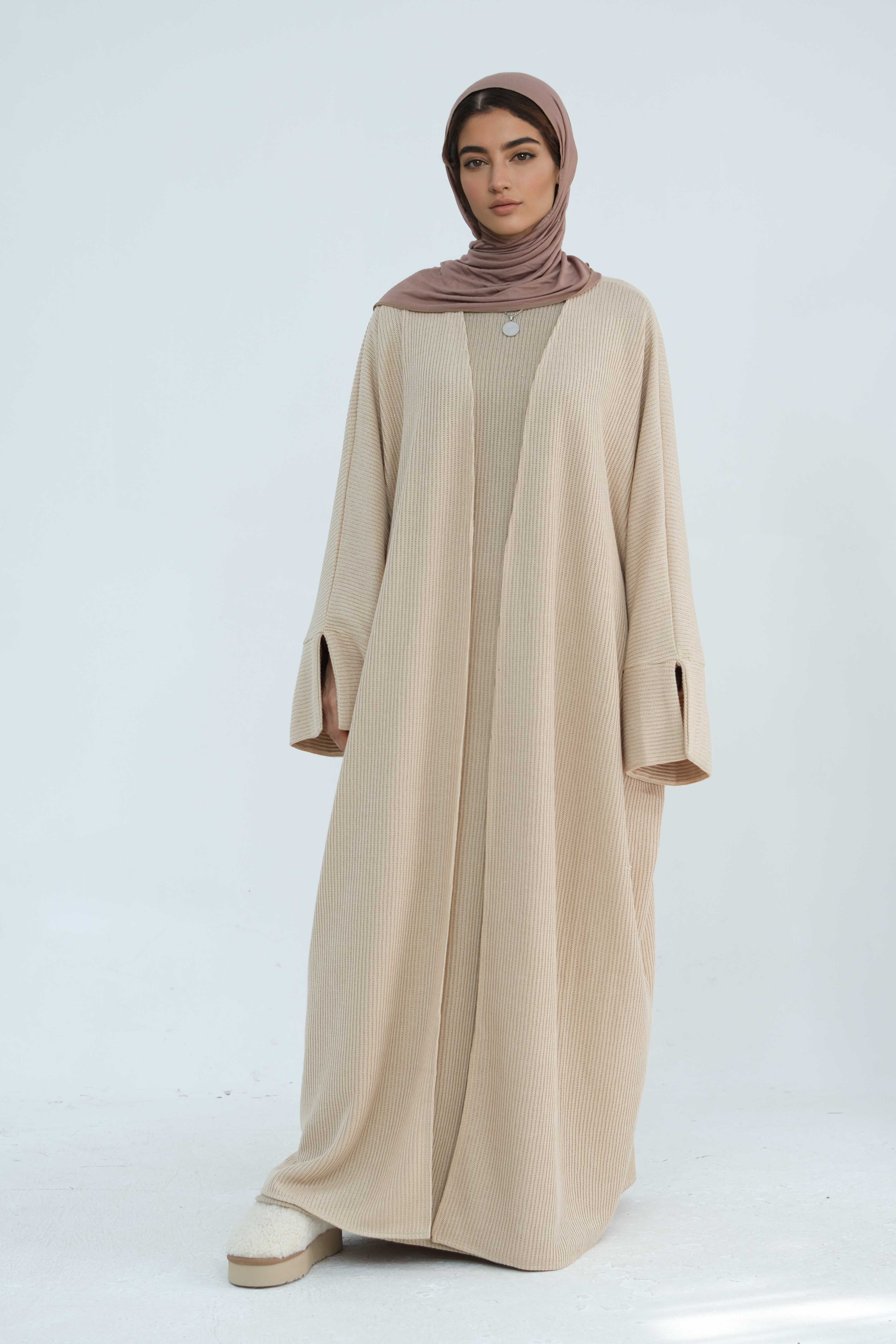 Ayesha Thick Knit Open Abaya 911-apricot