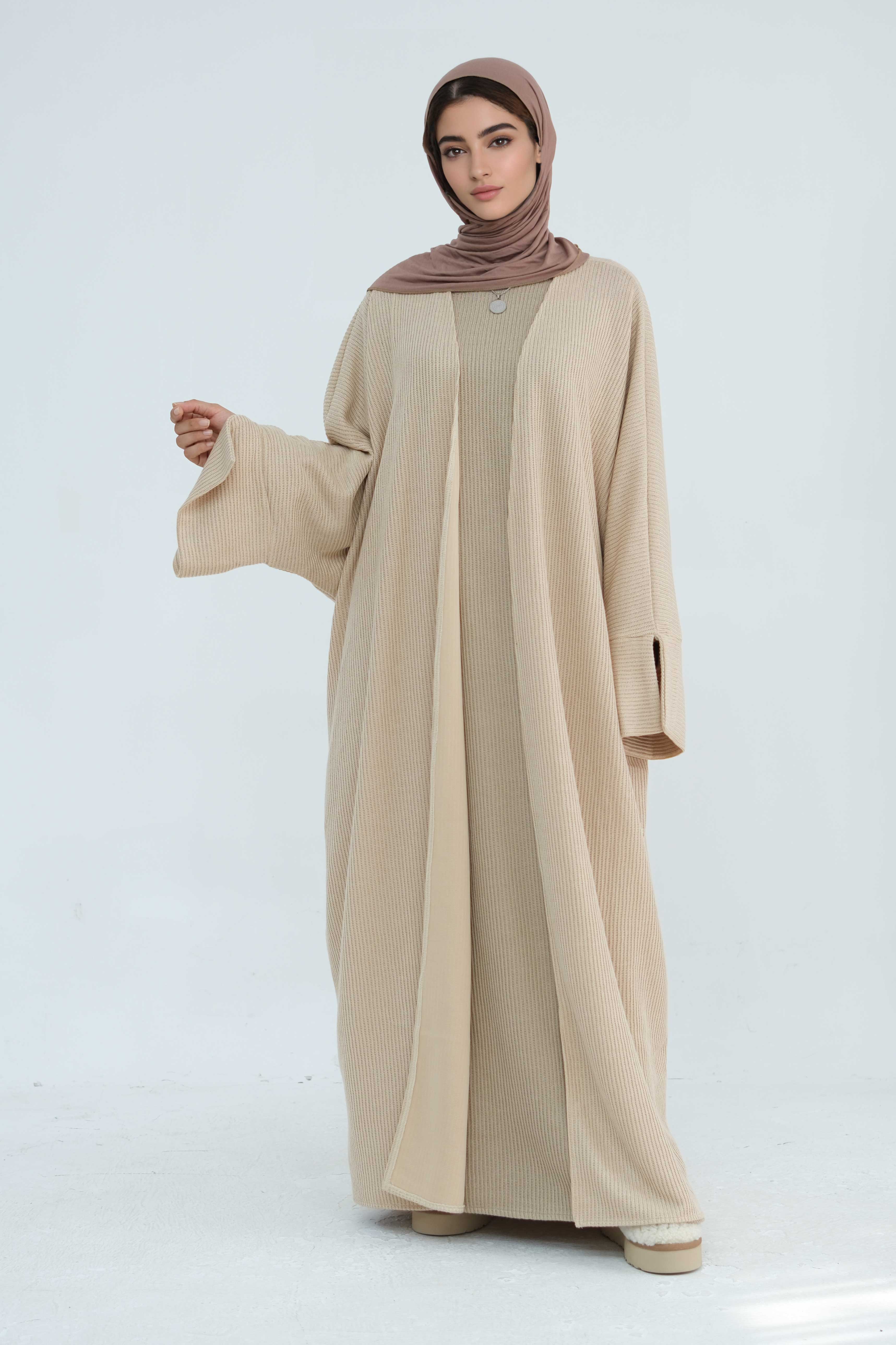 Ayesha Thick Knit Open Abaya 911-apricot