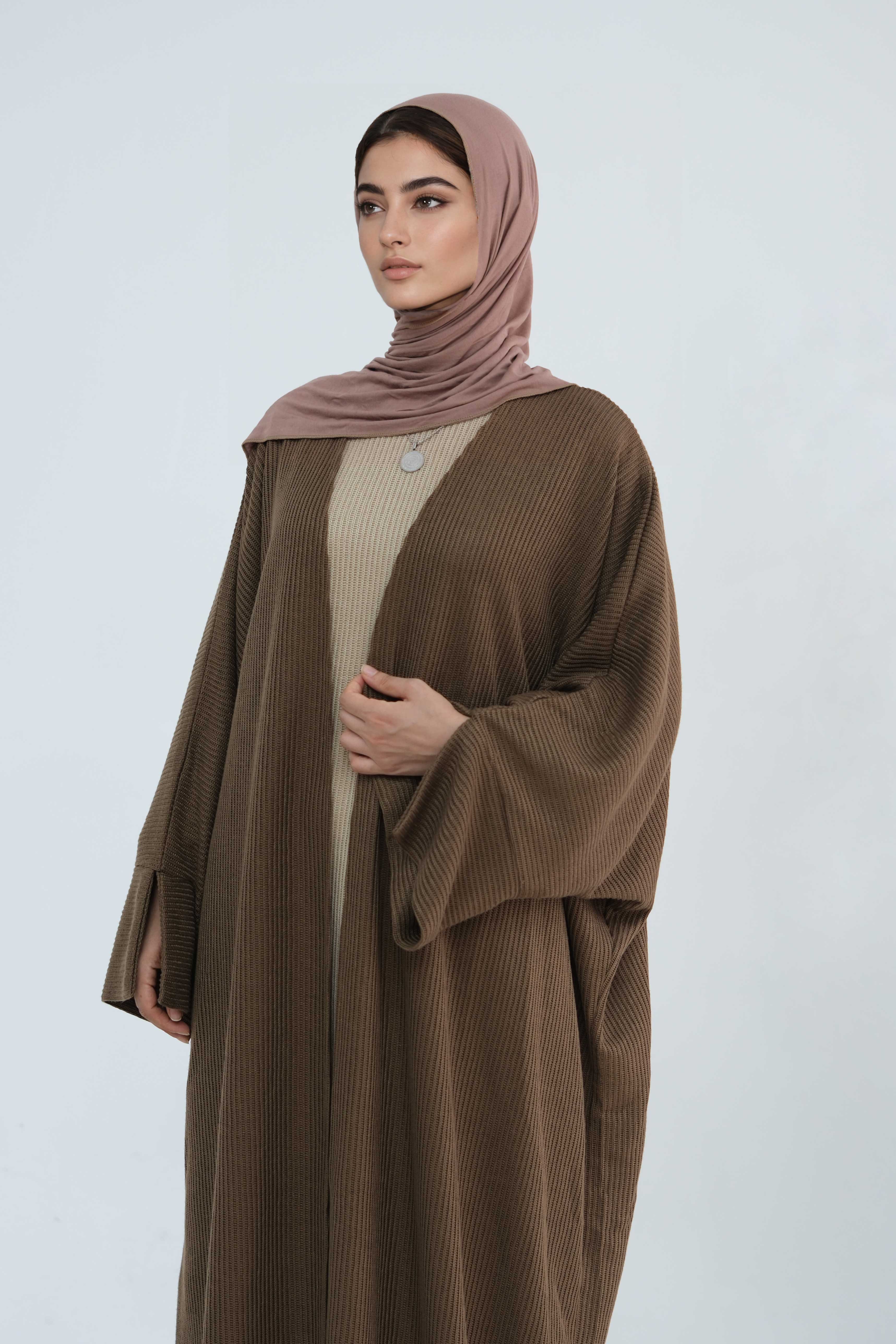 Ayesha Thick Knit Open Abaya 911-Coffee