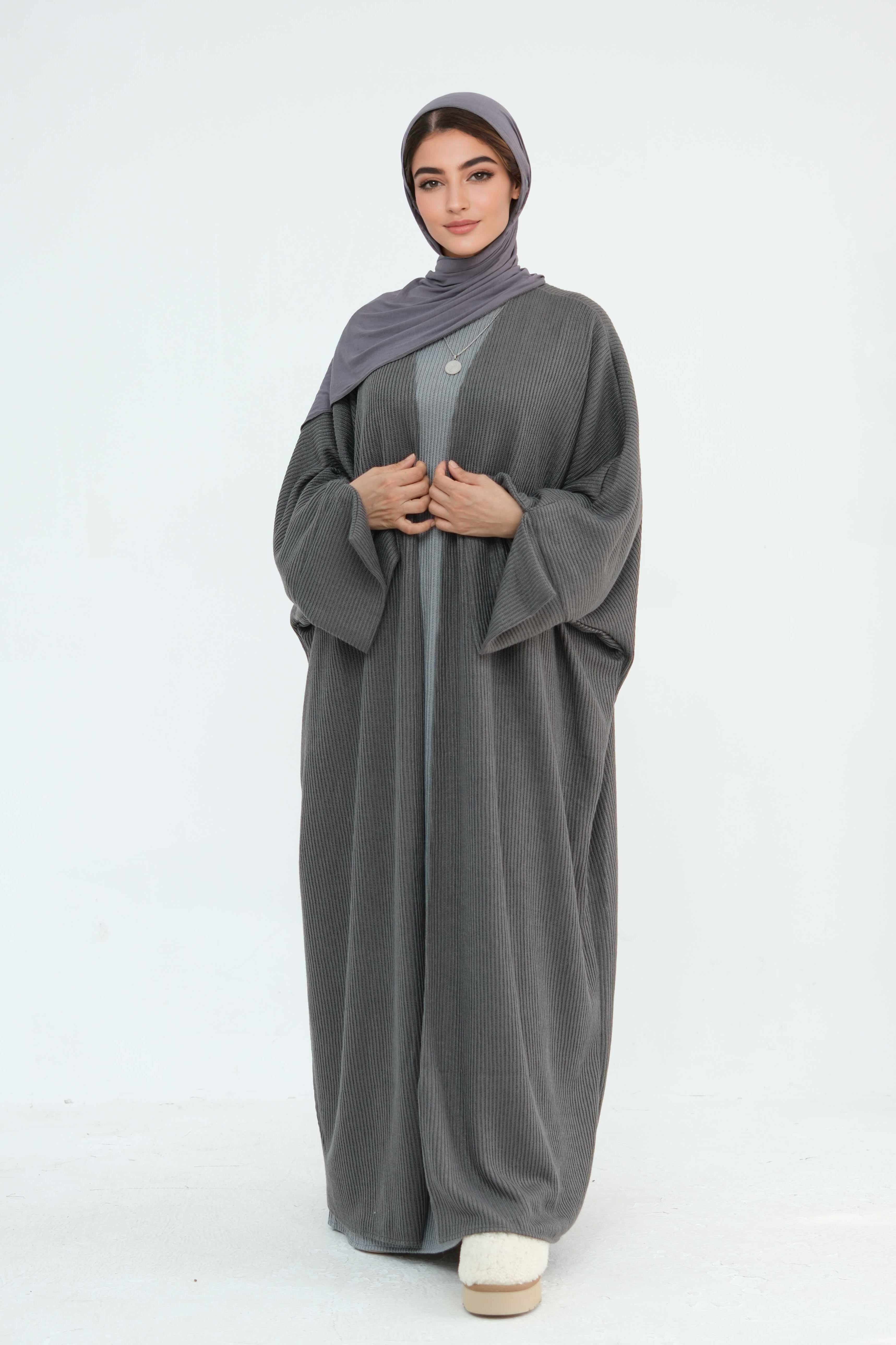 Ayesha Thick Knit Open Abaya 911 - Dark Grey