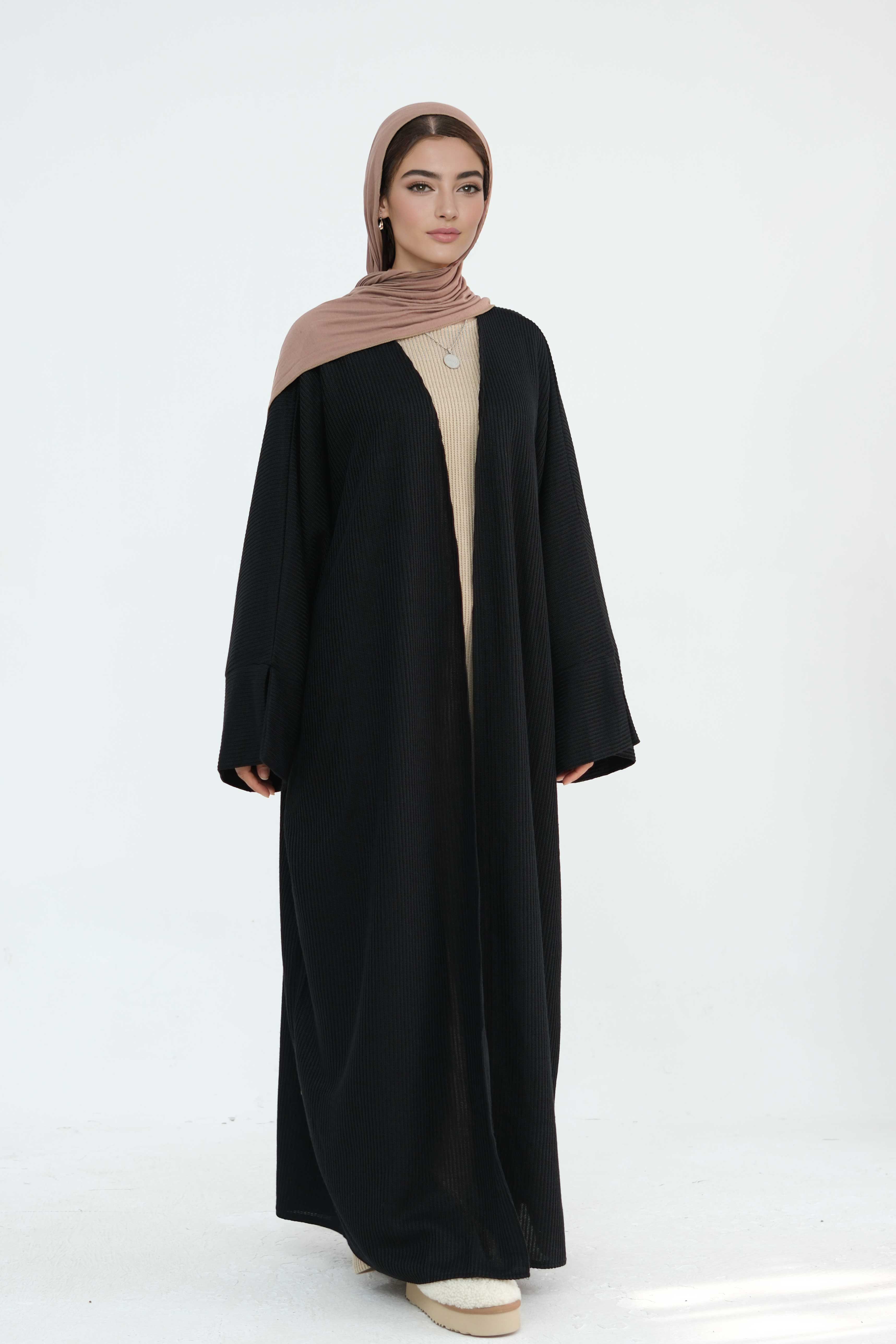 Ayesha Thick Knit Open Abaya 911-Black