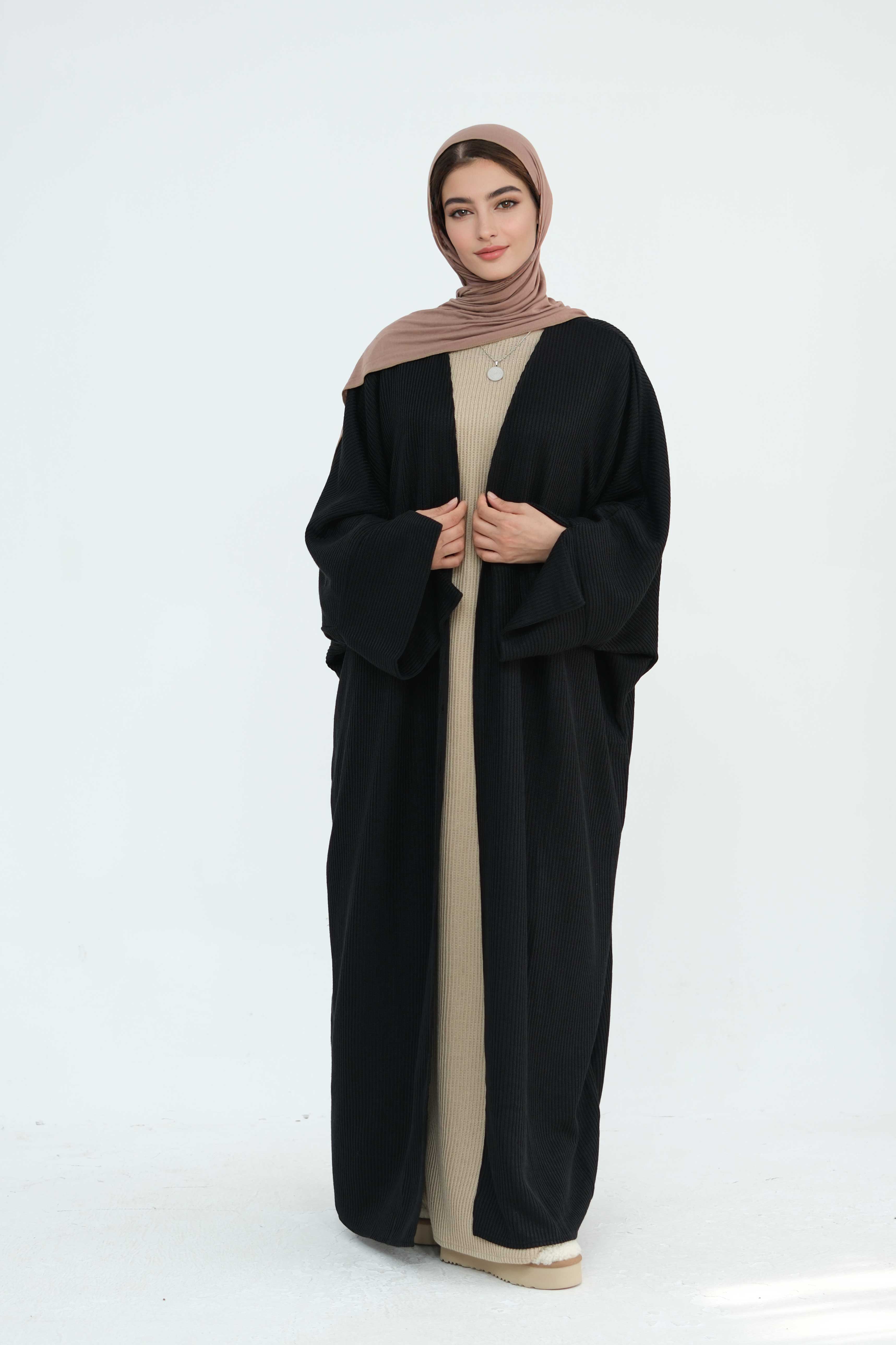 Ayesha Thick Knit Open Abaya 911-Black