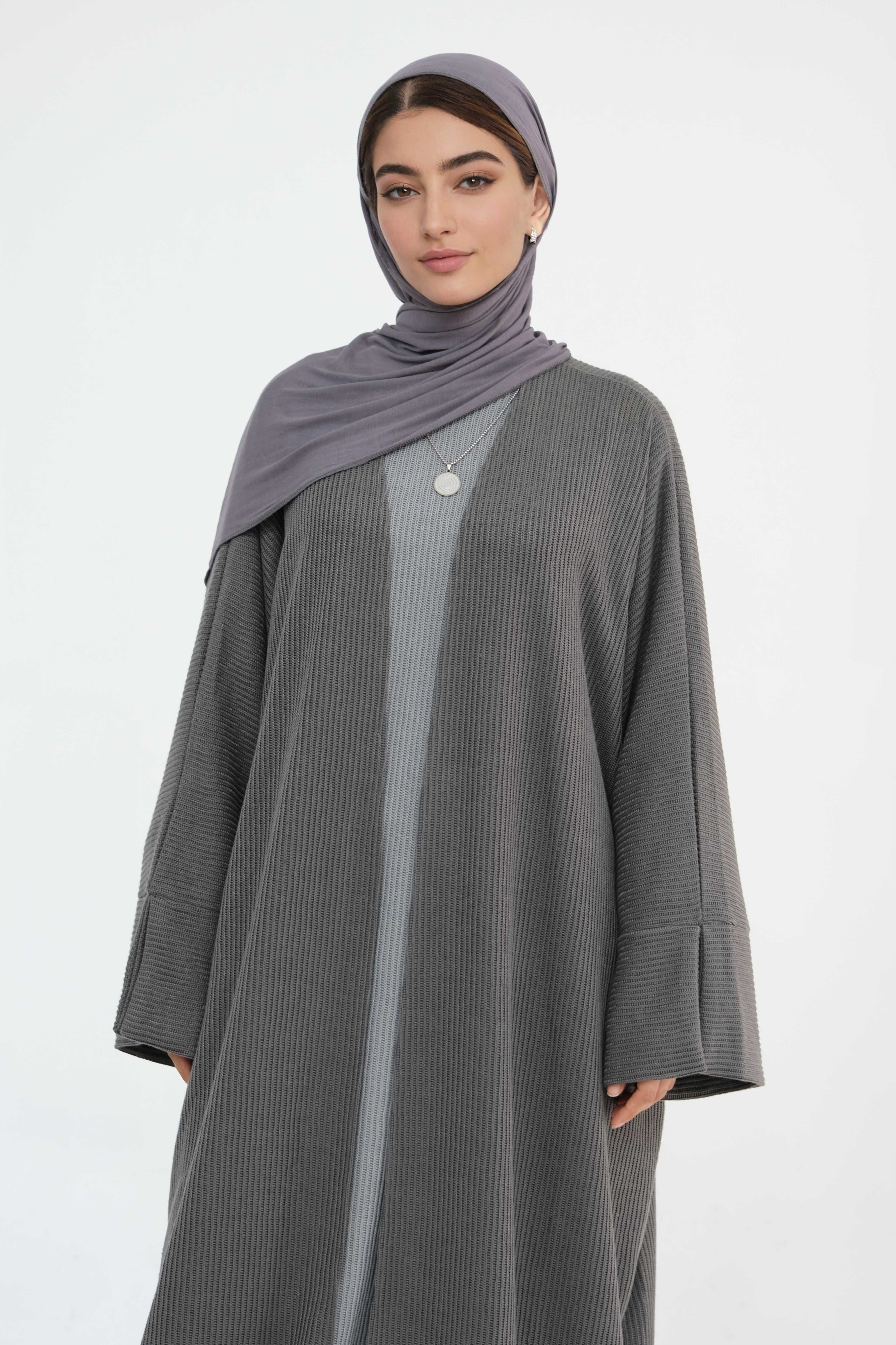 Ayesha Thick Knit Open Abaya 911 - Dark Grey