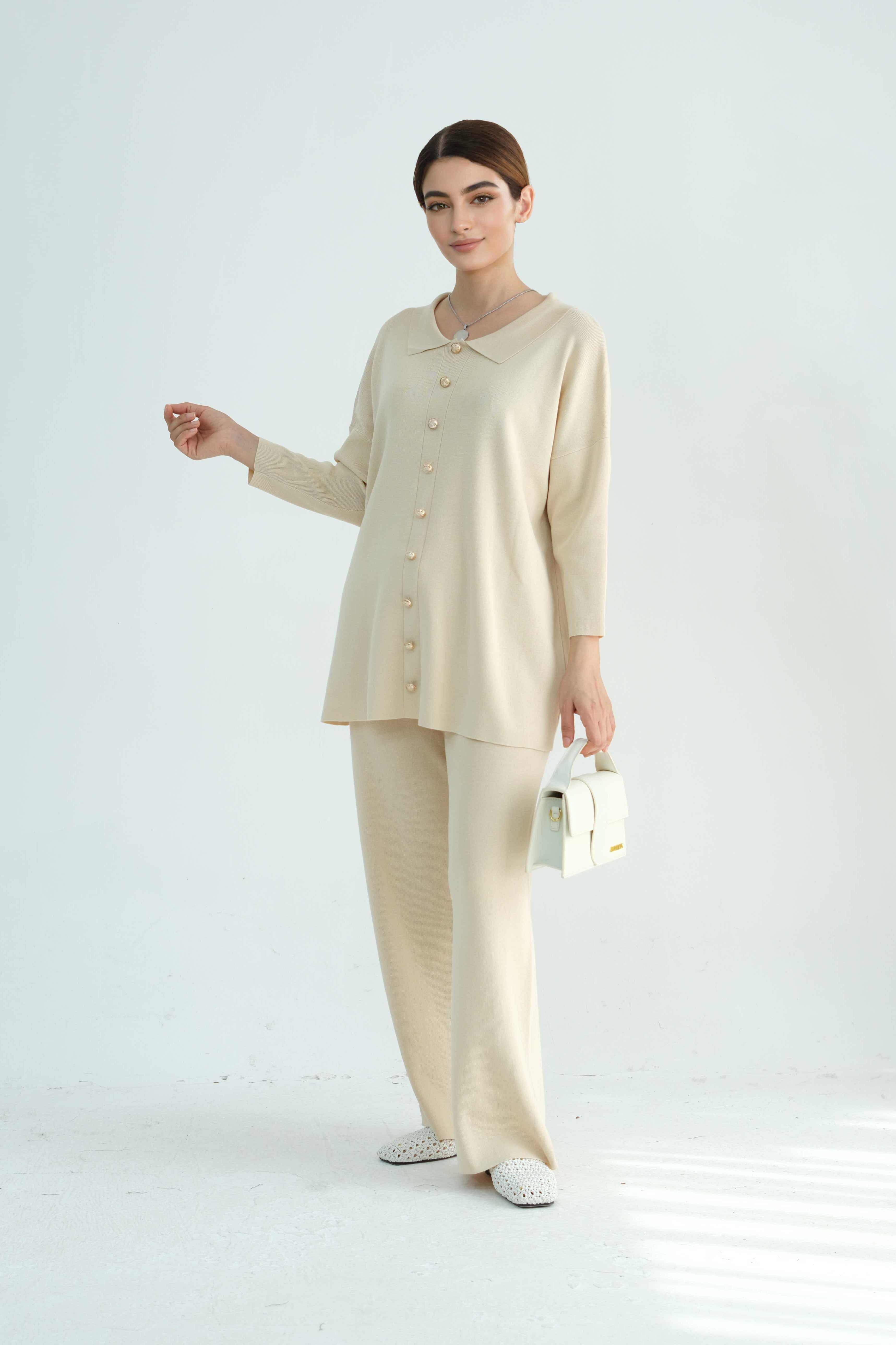 Inas Minimalist Buttoned Abaya Top and Pants Set 869 - Beige