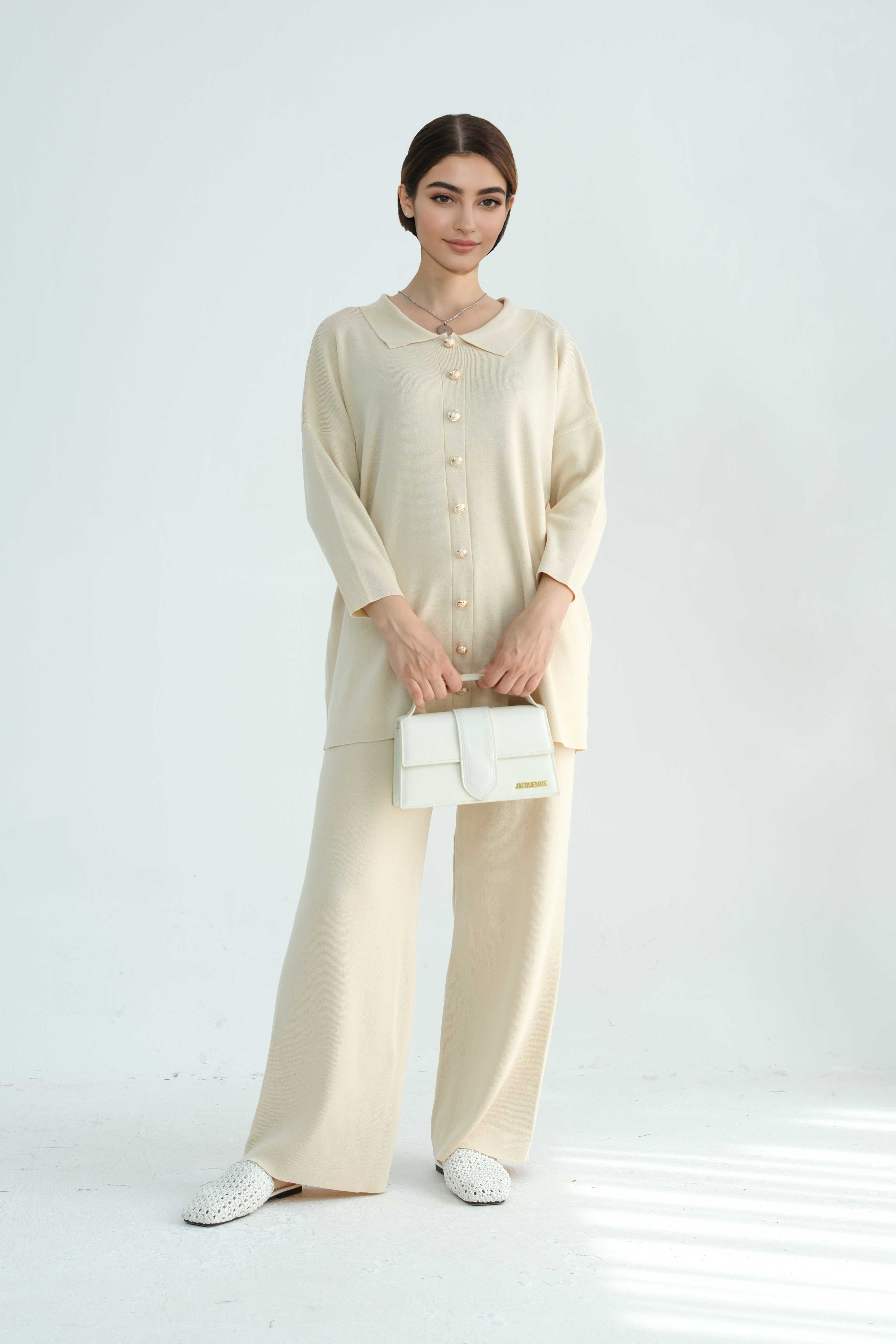 Inas Minimalist Buttoned Abaya Top and Pants Set 869 - Beige