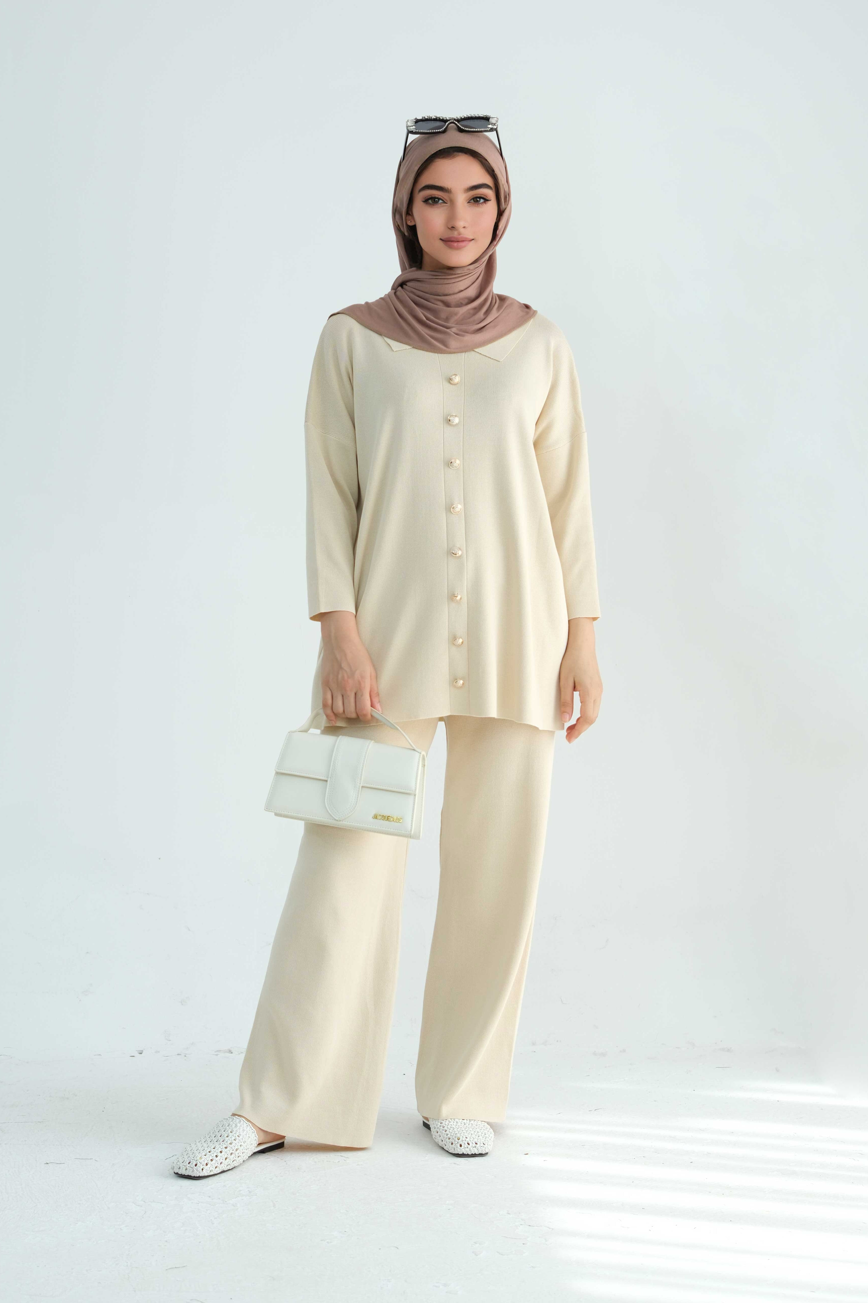 Inas Minimalist Buttoned Abaya Top and Pants Set 869 - Beige