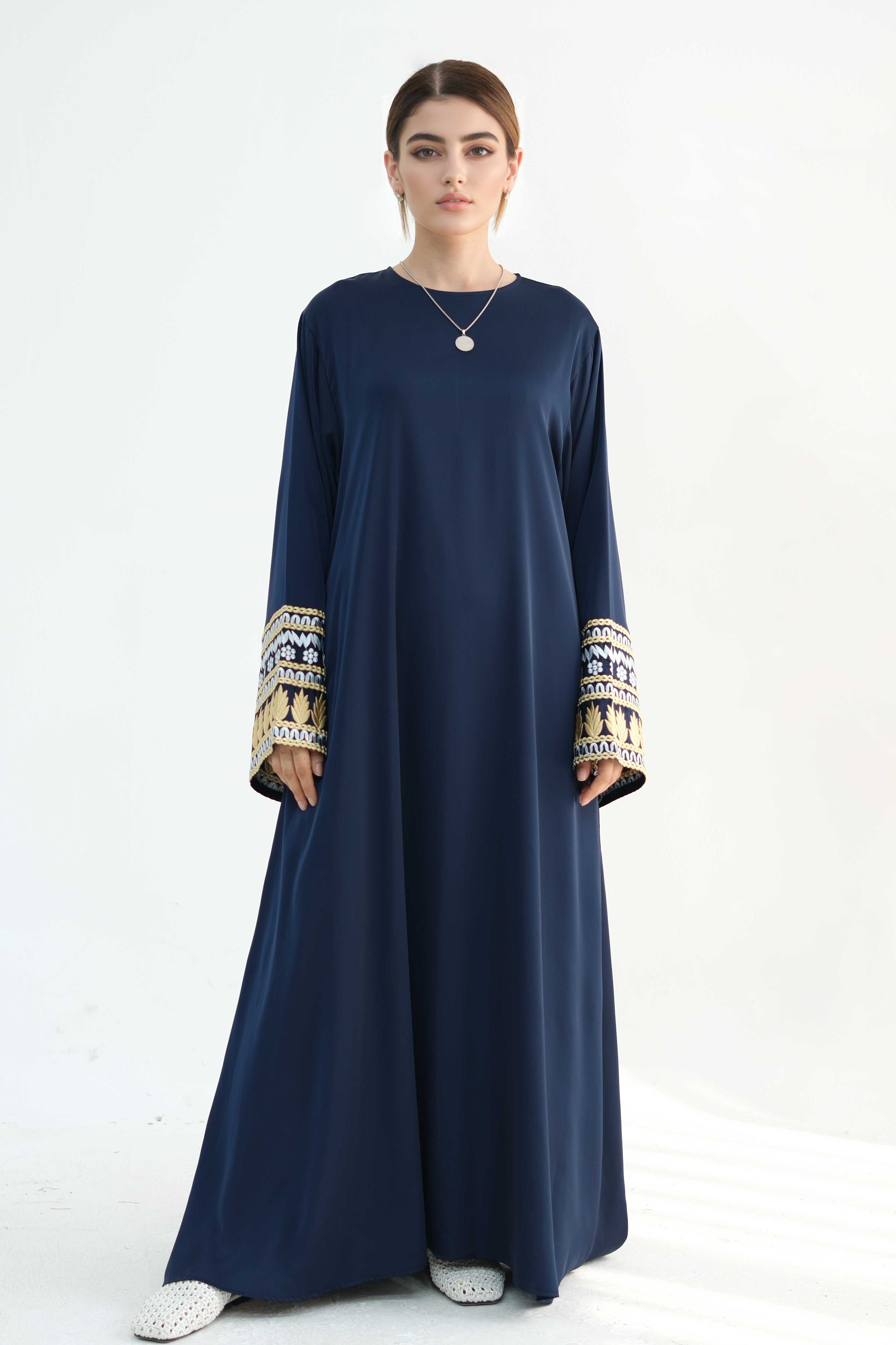 Sabreen Embroidered Maxi Dress Abaya with belt 880 - Dark Blue